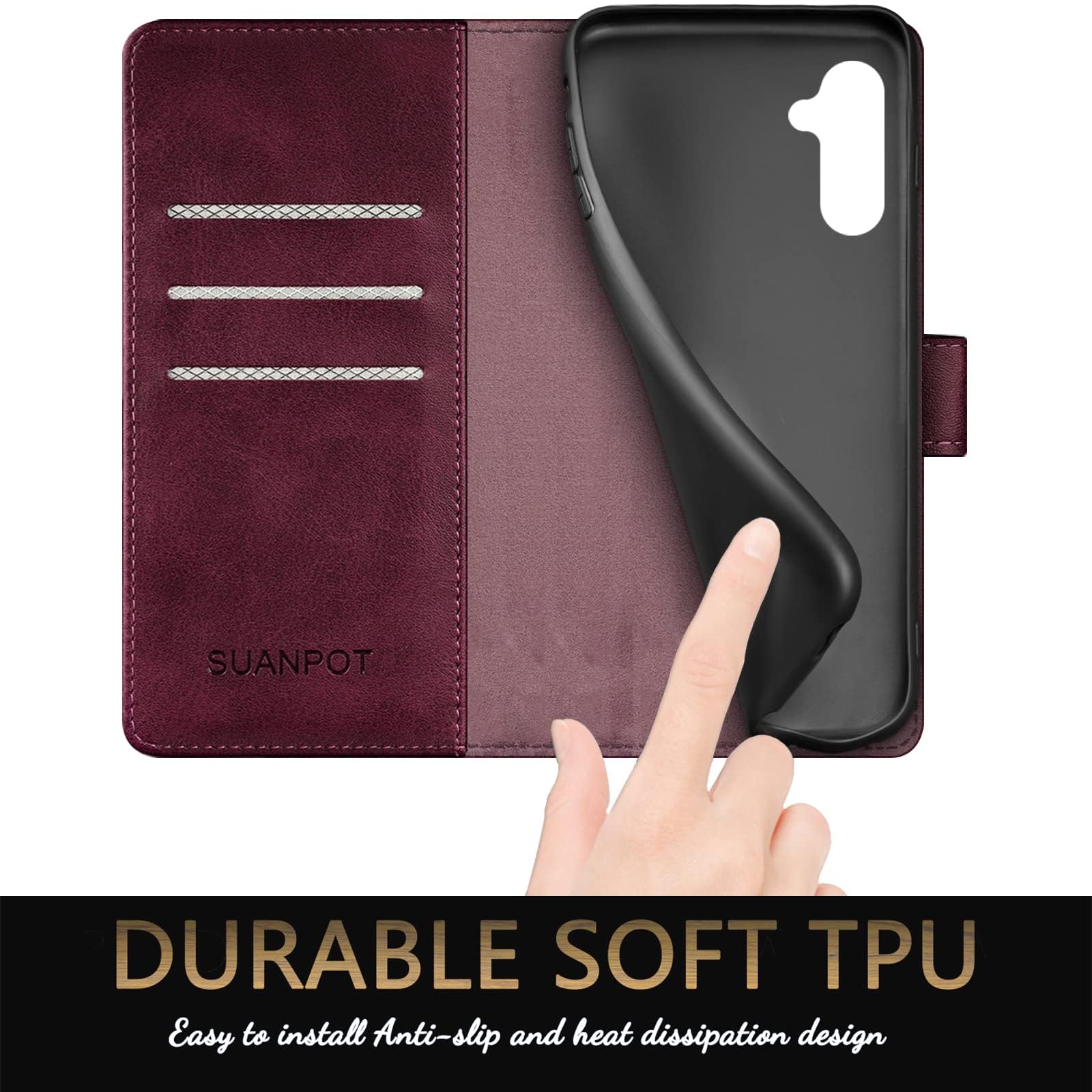 SUANPOT Samsung Galaxy A15 5G Wallet Case with RFID Blocking & Credit Card Holder - Flip PU Leather Protective Cover for Women & Men (Wine Red) - Perfect for Daily Commute, Travel & Business Use