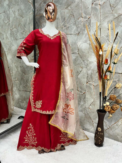 Elegant Red Embroidered Sharara Palazzo Set with Organza Dupatta - Traditional Pakistani/Indian Wedding Outfit for Women - Perfect for Festivals, Bridal Parties & Special Occasions