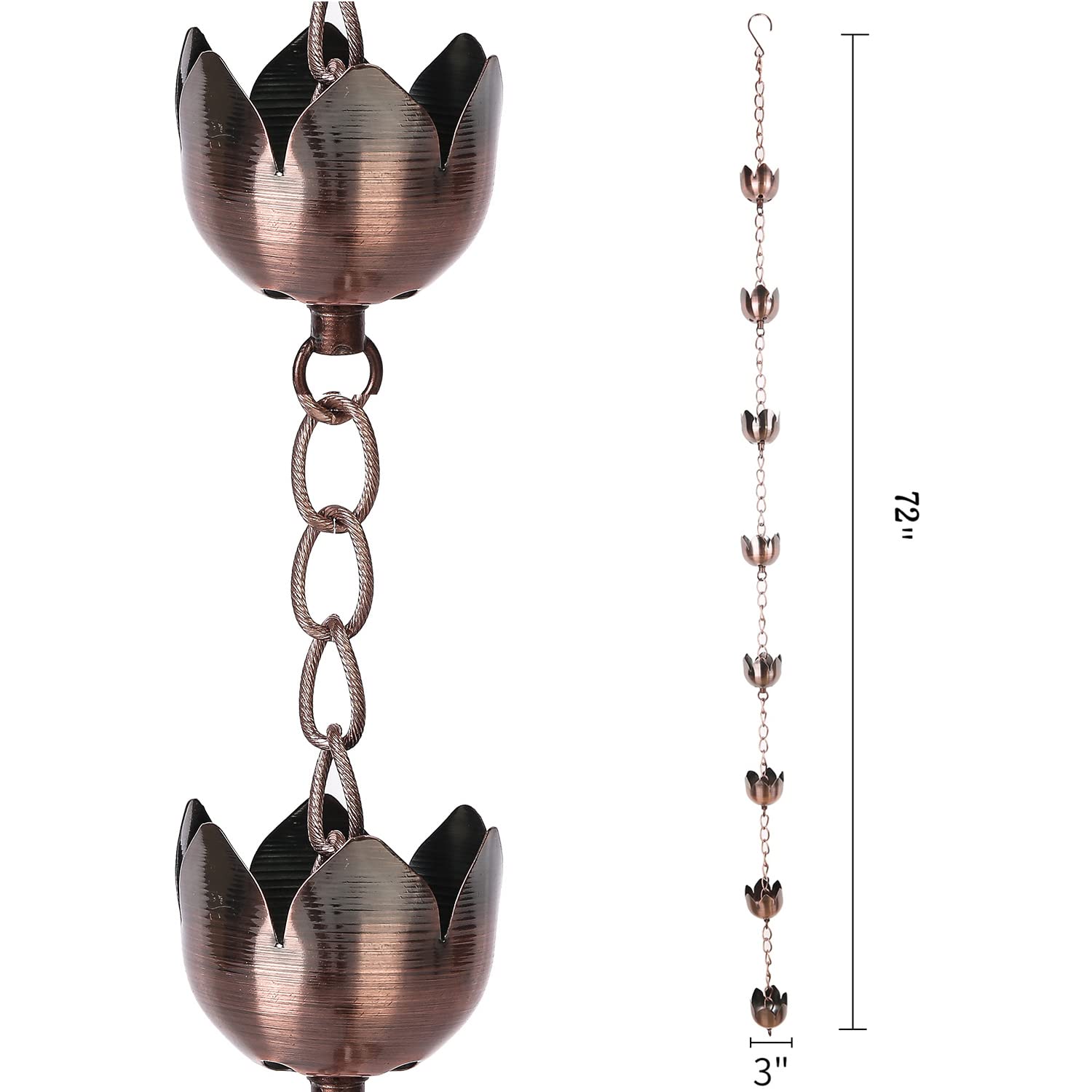 DUSVALLY 6ft Lotus Style Metal Rain Chain - Decorative Garden Rain Chains for Downspout, Home, Patio & Outdoor Decor - Perfect for Water Drainage & Zen Garden Aesthetics