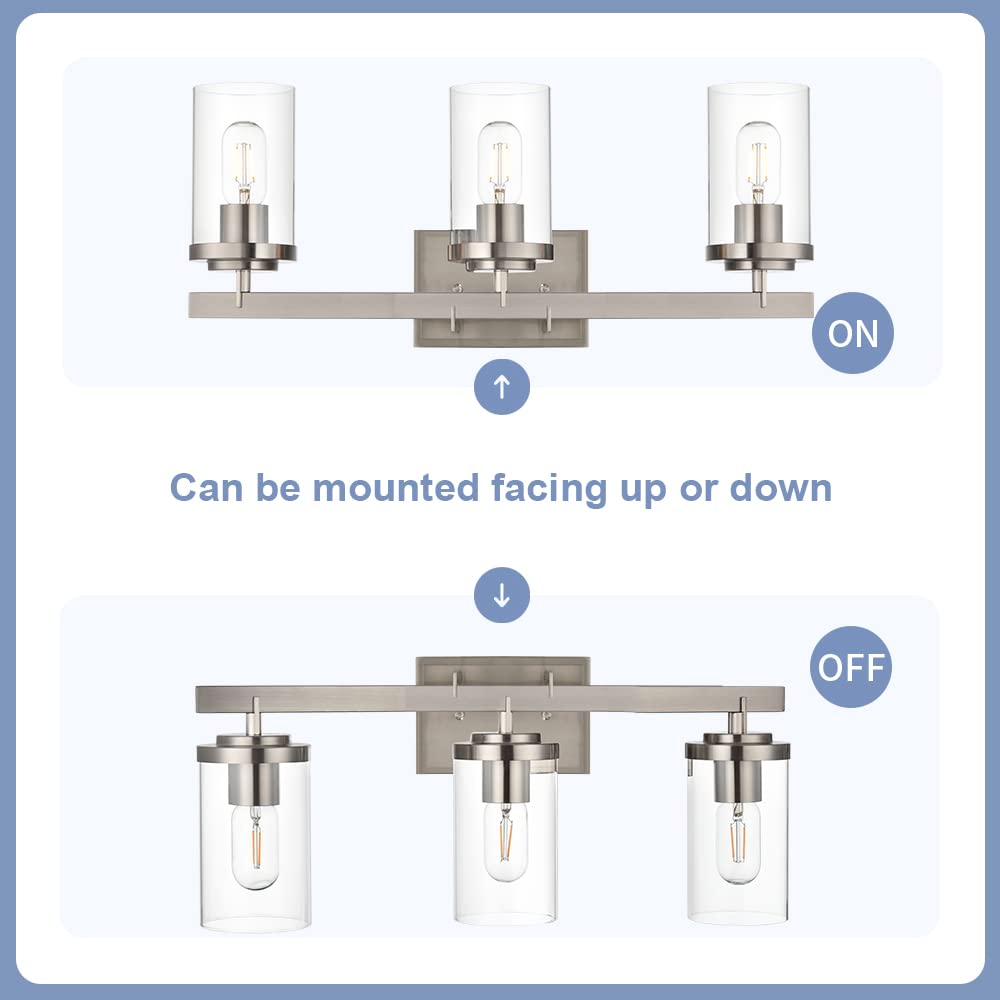 BONLICHT Modern 3-Light Vanity Wall Sconce - Brushed Nickel Finish with Clear Glass Shade, Industrial Bathroom Lighting Fixture for Mirror, Kitchen, Hallway, Foyer & Dressing Table - Perfect for Home Decor and Interior Lighting Upgrade