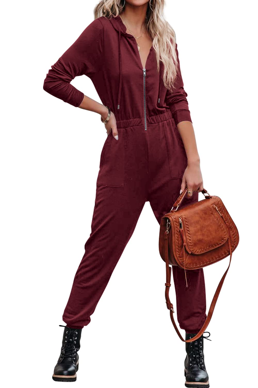 ReachMe Women's Long Sleeve Off Shoulder Jumpsuit with Pockets - Stretchy Elastic Waist Romper One Piece Jumper for Casual Outings, Date Night & Vacation Wear