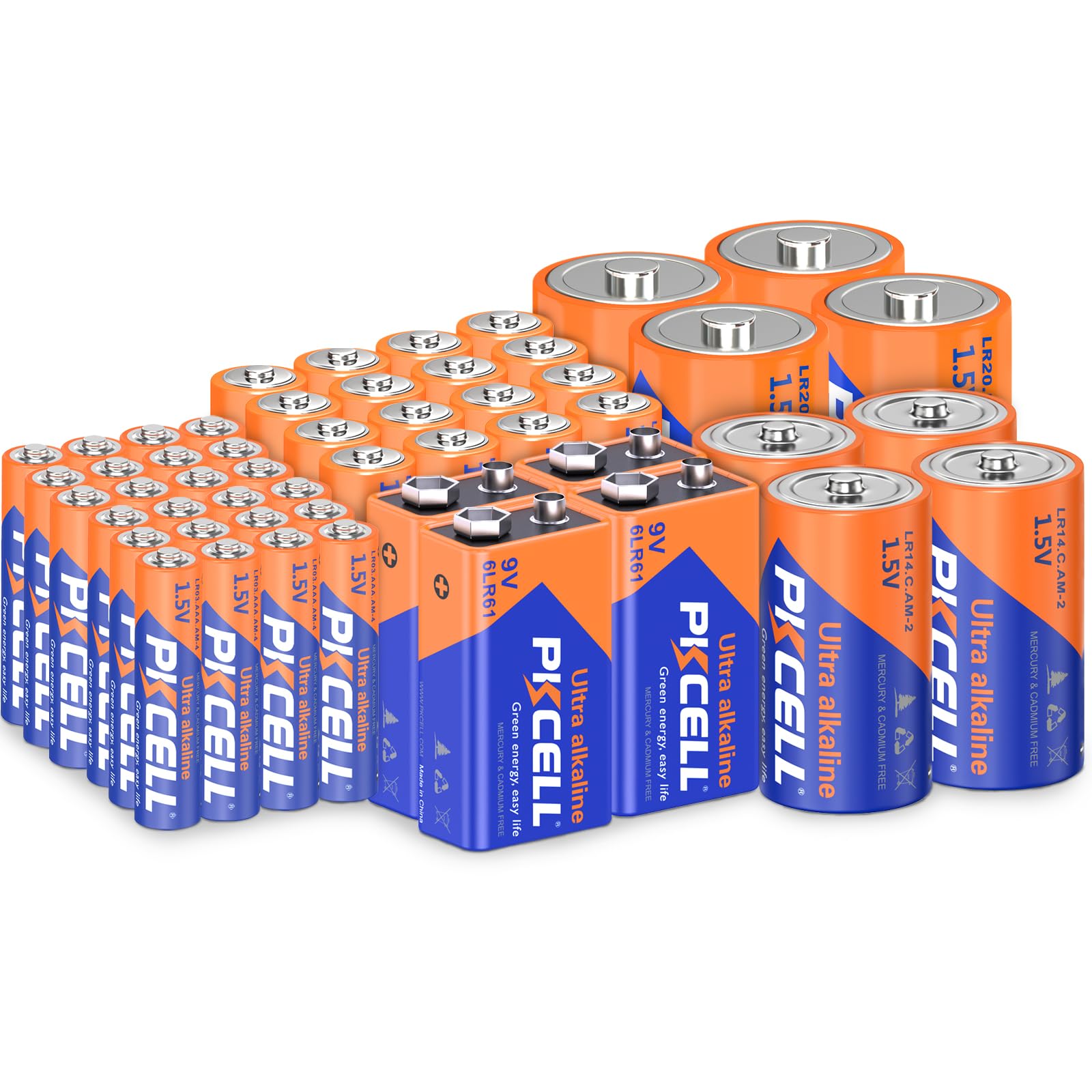 PKCELL 52-Pack Alkaline Batteries Variety Pack - 16 AA, 24 AAA, 4 C, 4 D & 4 9V Batteries for Household Electronics - Perfect for Remote Controls, Toys, Flashlights, Clocks and Emergency Devices