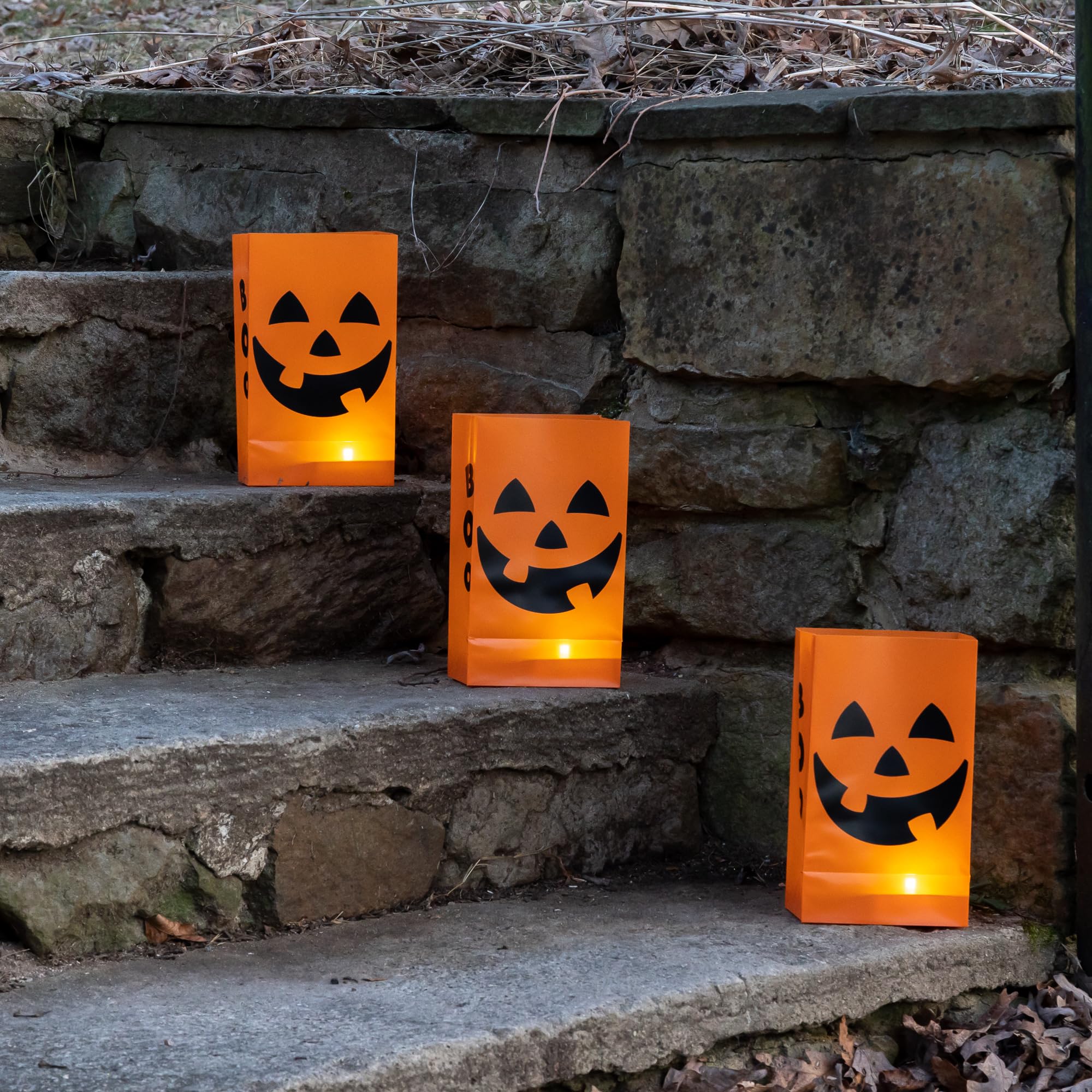 79906 Battery Operated Timer Luminaria Kit - Orange Jack O'Lantern Halloween Decorations for Indoor Outdoor Home Party Yard Decor