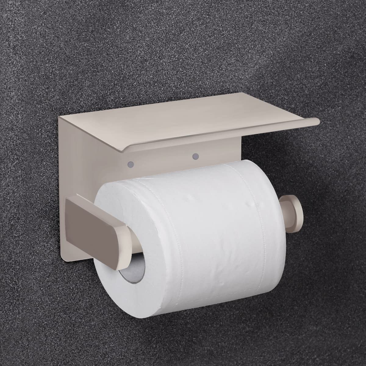VAEHOLD Self-Adhesive Toilet Paper Holder with Phone Shelf - SUS 304 Stainless Steel Wall Mounted Bathroom Tissue Roll Holder - Rustproof & Waterproof Design - Beige - Perfect for Small Bathrooms, Powder Rooms & RVs