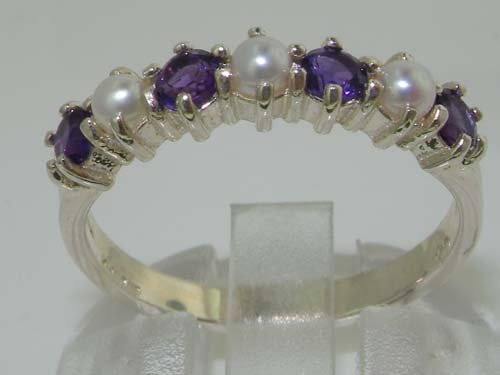 Solid Sterling Silver Ring with Natural Amethyst & Pearl - Elegant Ladies Eternity Band for Wedding, Anniversary & Special Occasions