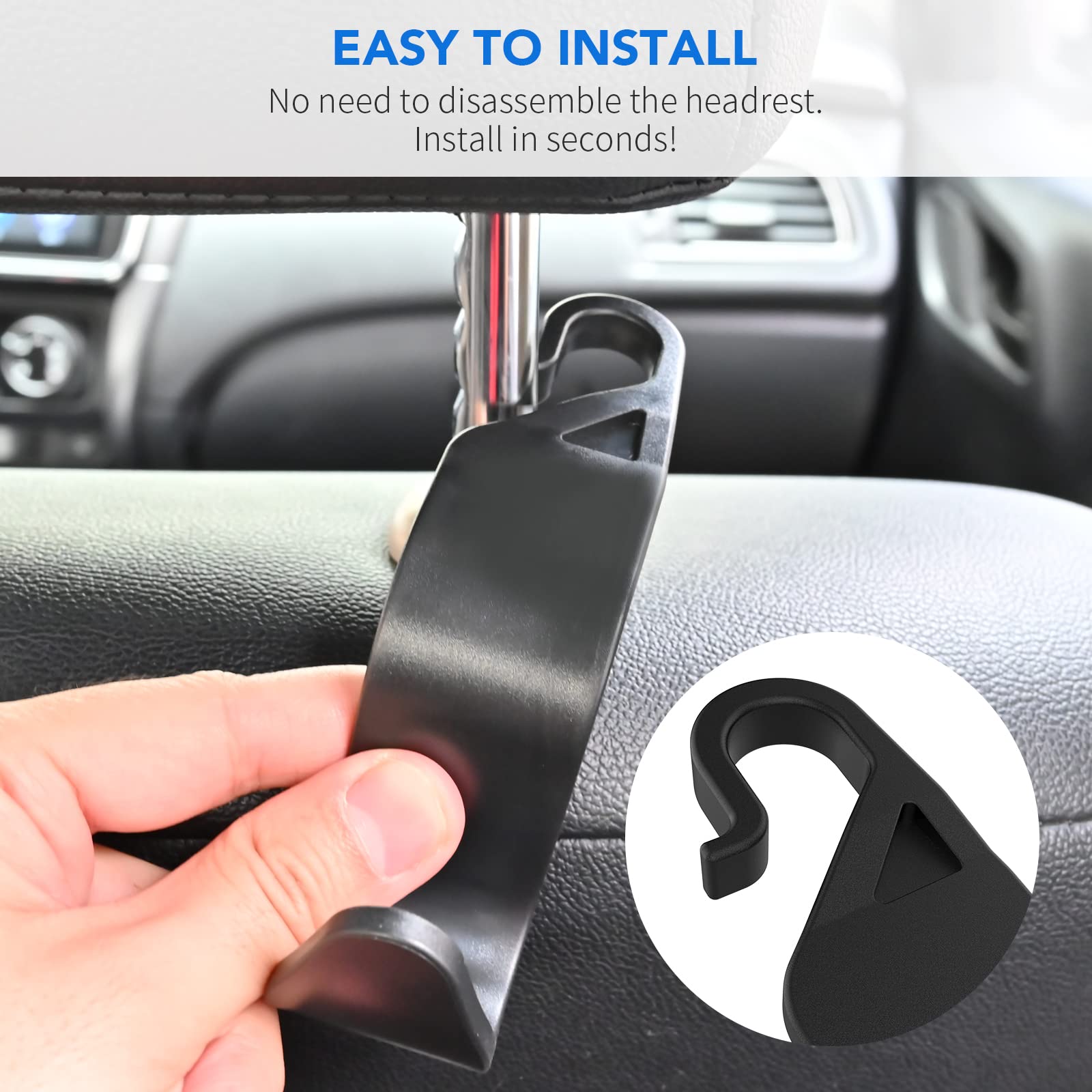 Universal Car Headrest Hook - 4 Pack Black for Handbag, Purse & Coat Storage