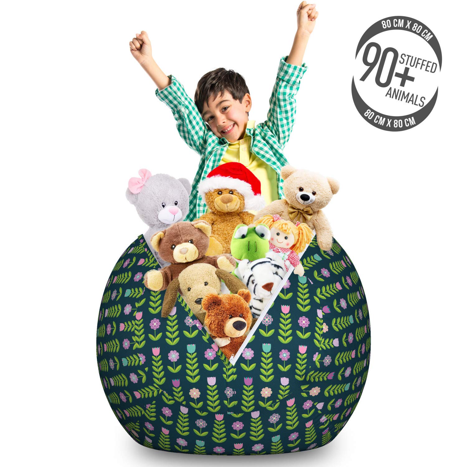 Ambesonne Floral Storage Toy Bag Chair - Large Washable Stuffed Animal Organizer with Geometric Flower Design in Fern Green & Dark Teal | Kids Room Decor, Playroom Storage, Nursery Organization