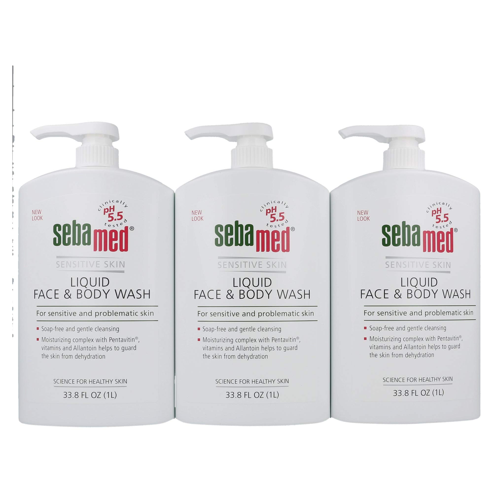 SEBAMED Liquid Face and Body Wash for Sensitive Skin - 1 Liter (33.8 Fl Oz) Pack of 3 | pH 5.5 Balanced Cleanser | Gentle Daily Shower & Bath Gel for Men & Women | Perfect for Dry, Acne-Prone & Irritated Skin