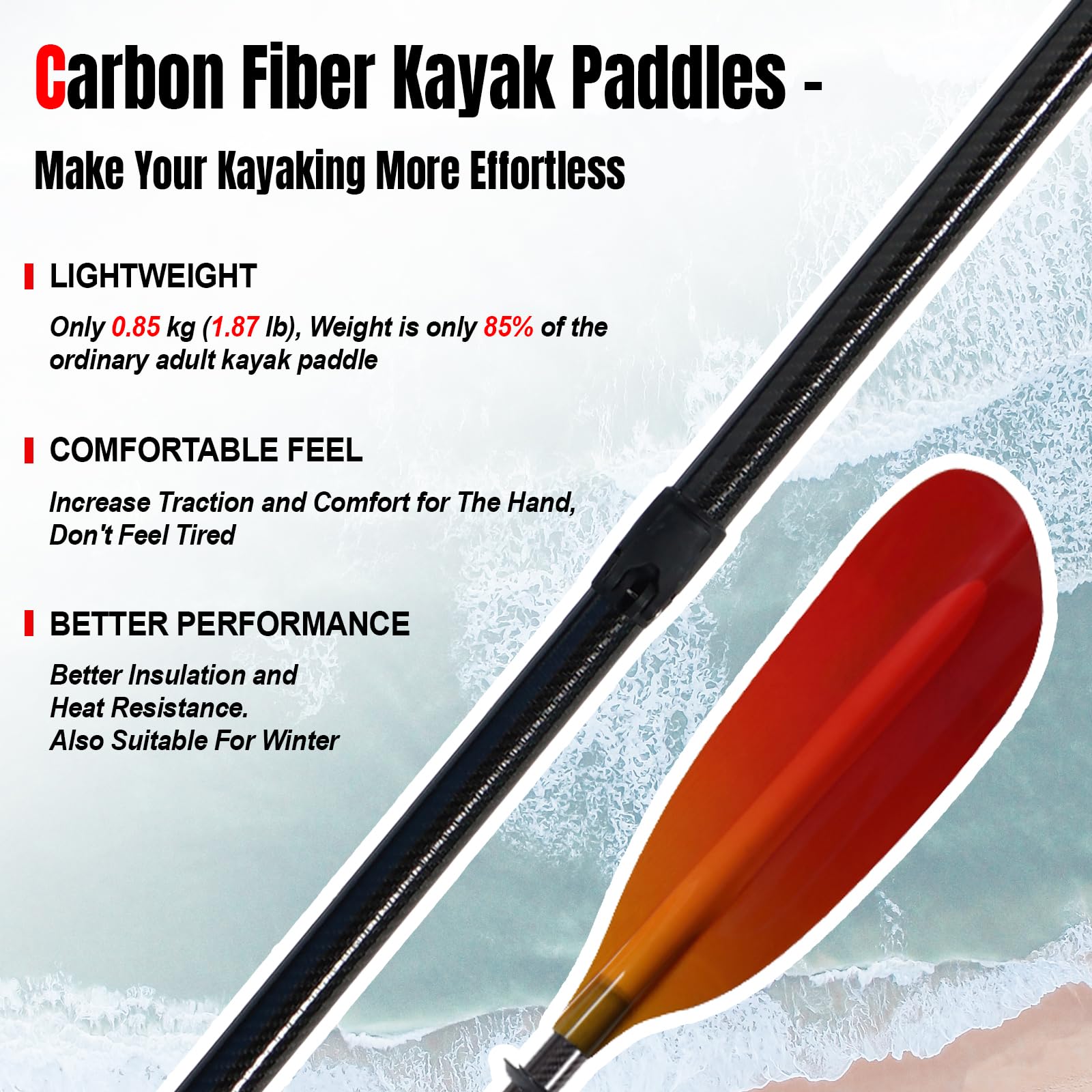 Premium Carbon Fiber Kayak Paddles with Gradient Fiberglass Blades - 3-Piece Adjustable Floating Oars (230-240cm/90-94in) for Touring, Fishing & Recreational Kayaking