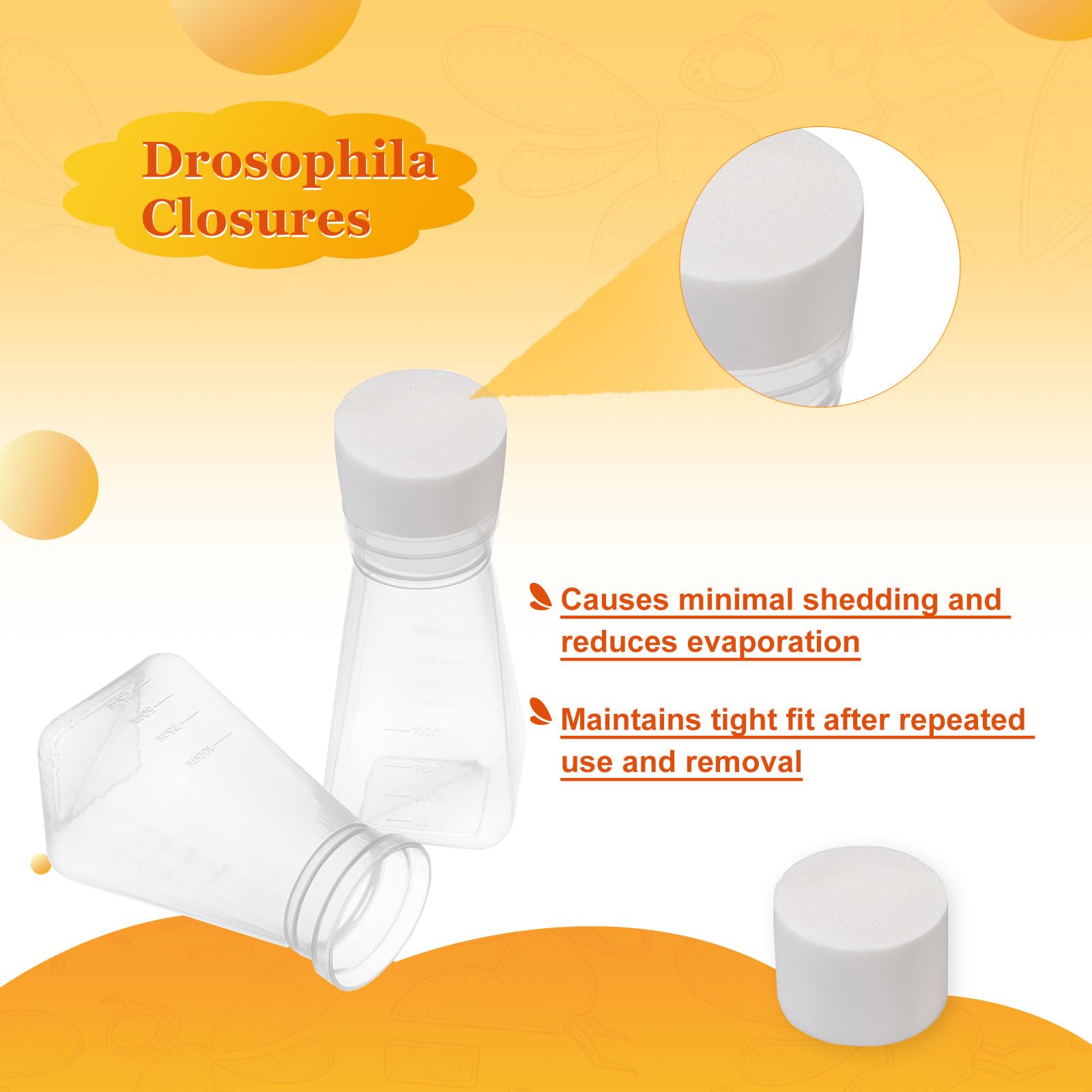 Biologix Autoclavable Drosophila Bottle Plugs - Dense Sponge Stoppers for Fruit Fly Culture (40x30mm, 500 Pack) | Ideal for Genetics Labs & Home Science Experiments