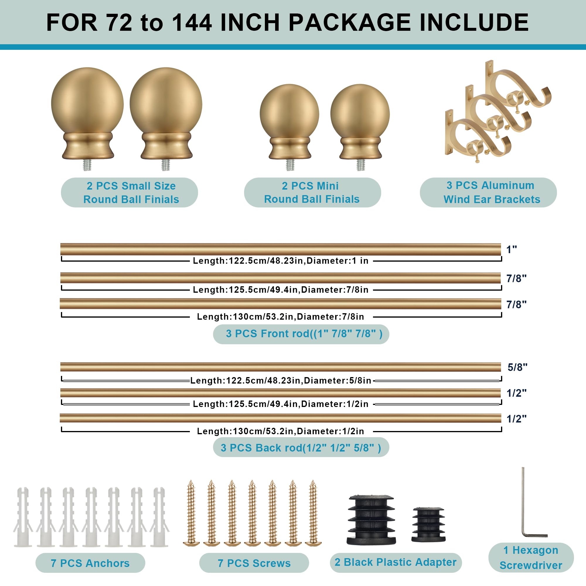 72-144 Inch Adjustable Warm Gold Double Curtain Rod Set - 1’’ Front & 5/8’’ Back Drapery Rod with Small Round Ball Finials & Aluminum Brackets for Sheer/Blackout Curtains - Perfect for Living Room, Bedroom & Bay Windows
