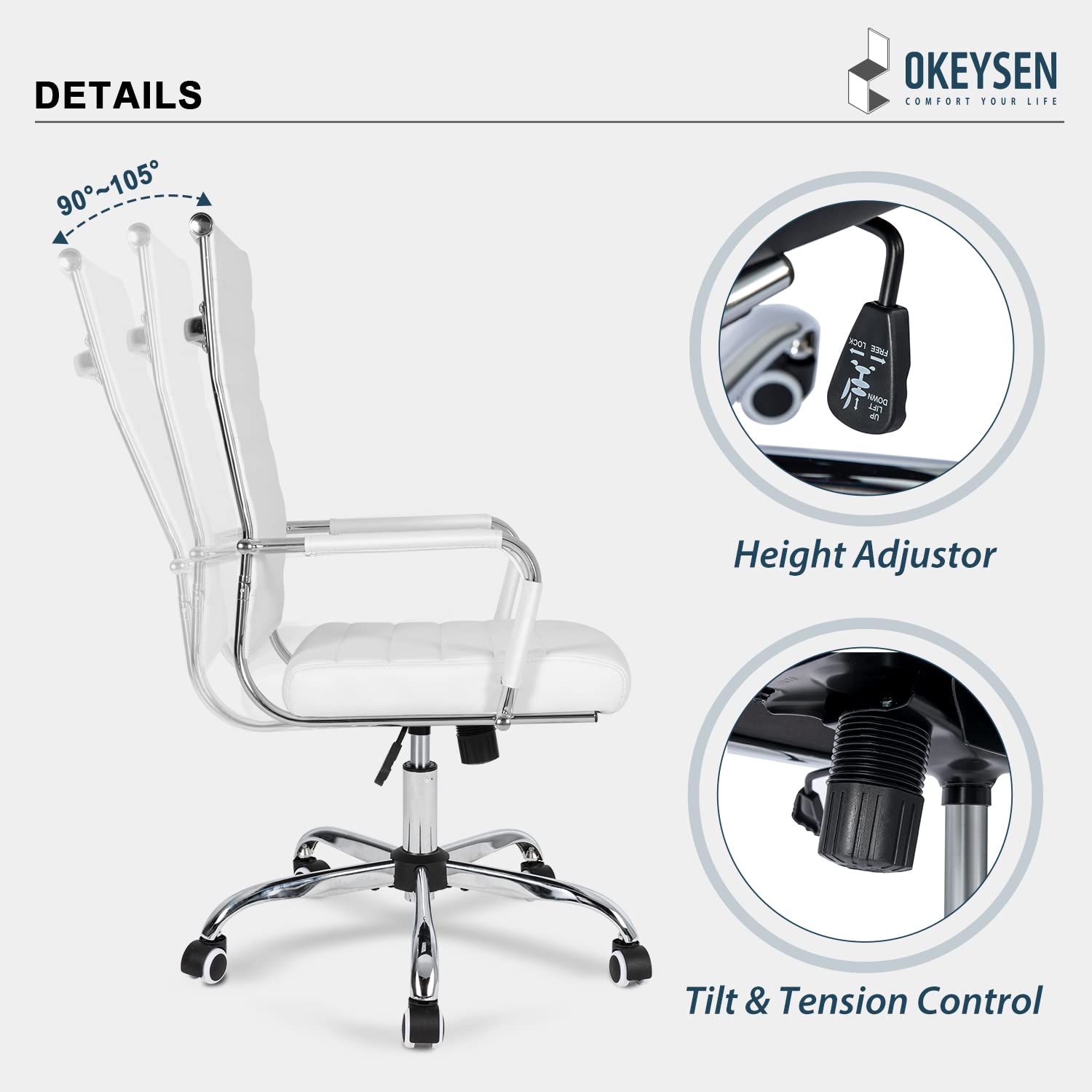Okeysen Ergonomic Office Desk Chair - Modern PU Leather High Back Executive Swivel Rolling Chair with Ribbed Design for Home Office & Conference Room | Comfortable Workstation Seating for Long Hours