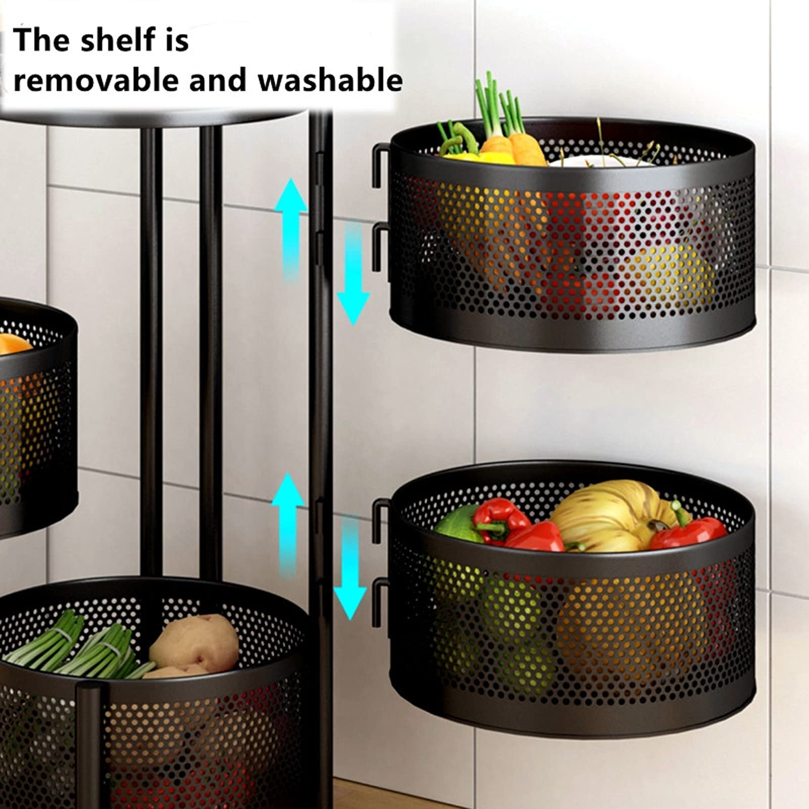 Rotating Kitchen Storage Rack - 5-Tier Black Organizer for Fruits, Vegetables & Household Items - Perfect for Kitchen, Living Room & Bathroom