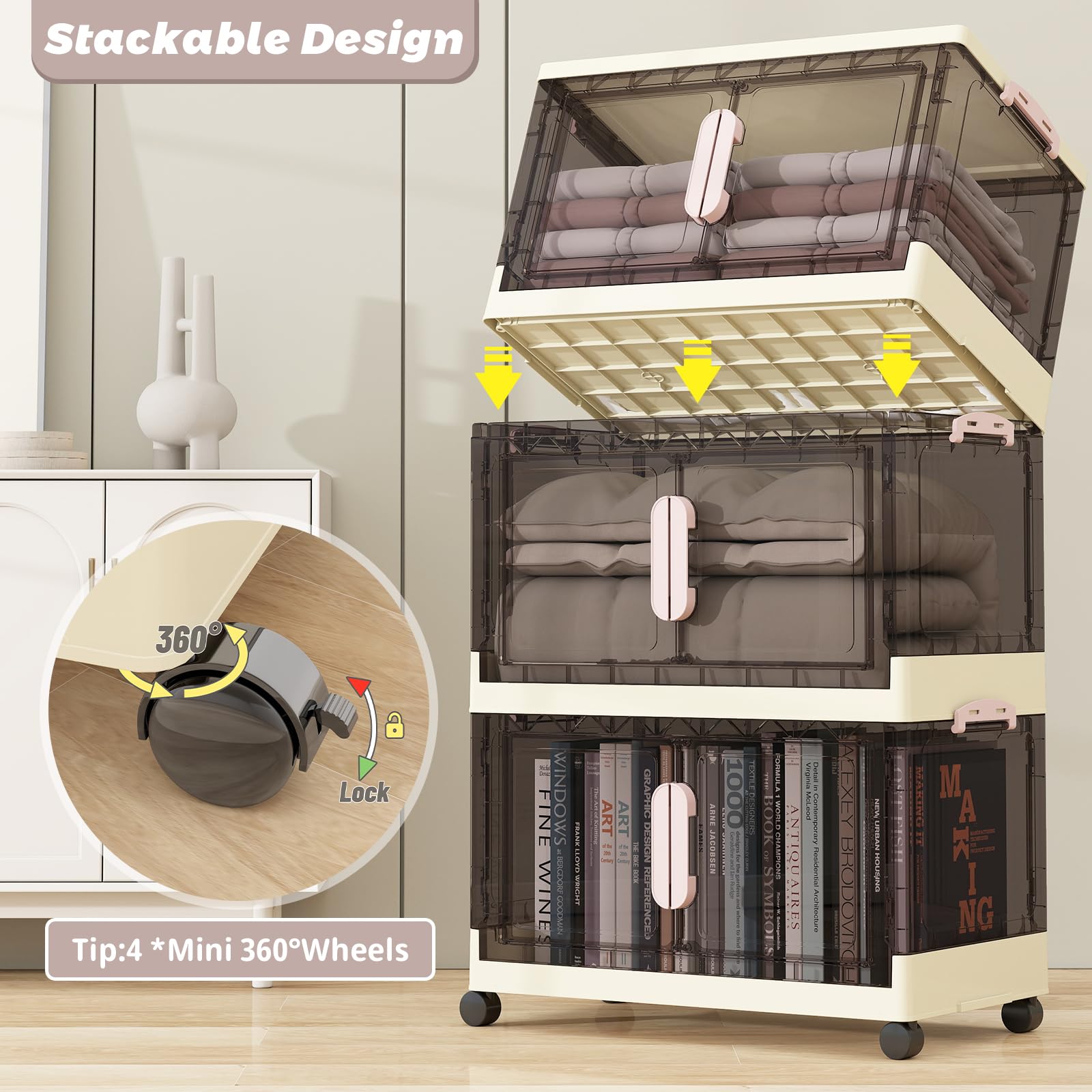 78 Quart Plastic Storage Bins with Lids - 5 Pack Collapsible Storage Containers with Wheels & Door - Stackable Closet Organizers for Toys, Clothing, Home Organization - Perfect for Garage, Bedroom, and Kids Room Storage
