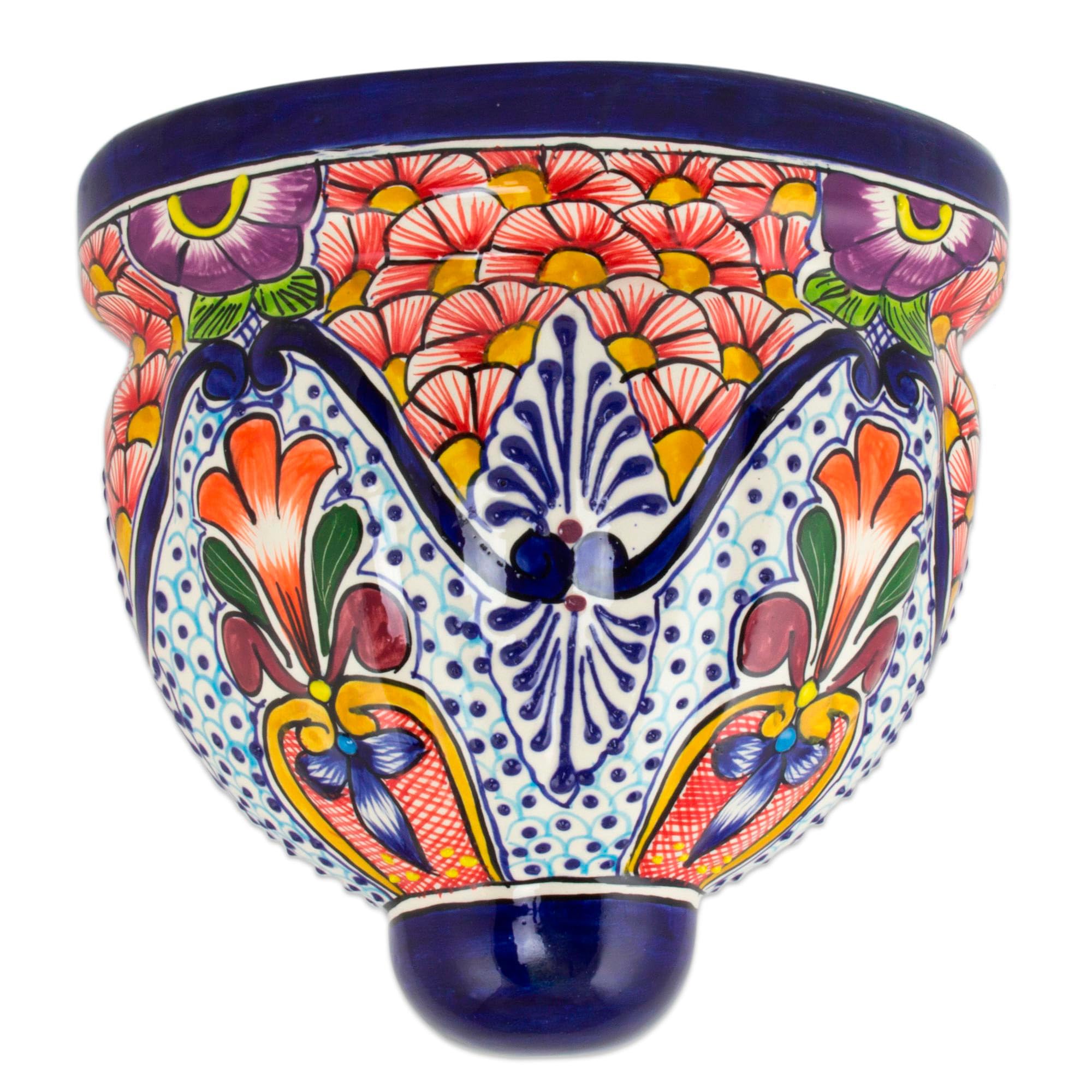 Handmade Ceramic Wall Planter - Talavera Inspired Multicolor (Orange & Blue) Mexican Artisan Flower Pot for Outdoor & Indoor Decor - Perfect for Patio, Garden, Balcony & Living Room - 'Radiant Flowers' Design