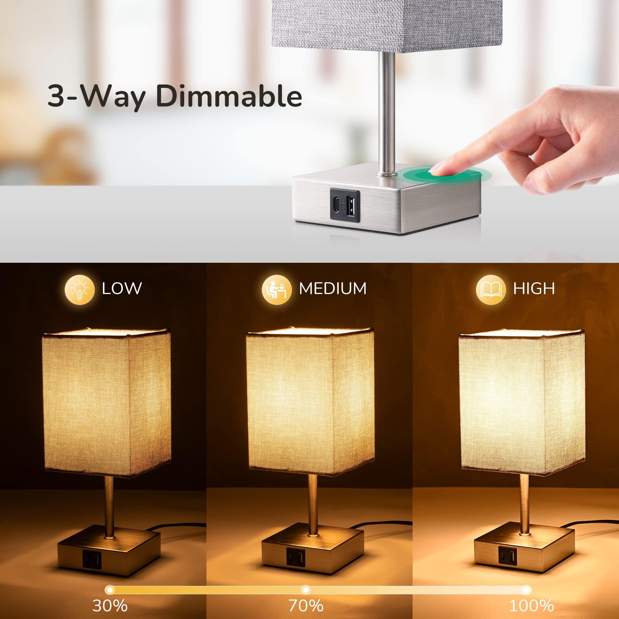 EDISHINE 2-Pack Dimmable Bedside Lamps with USB A+C Charging Ports, Touch Control Table Lamps for Bedroom & Living Room, Grey (LED Bulbs Included) - Perfect for Night Reading and Modern Home Decor