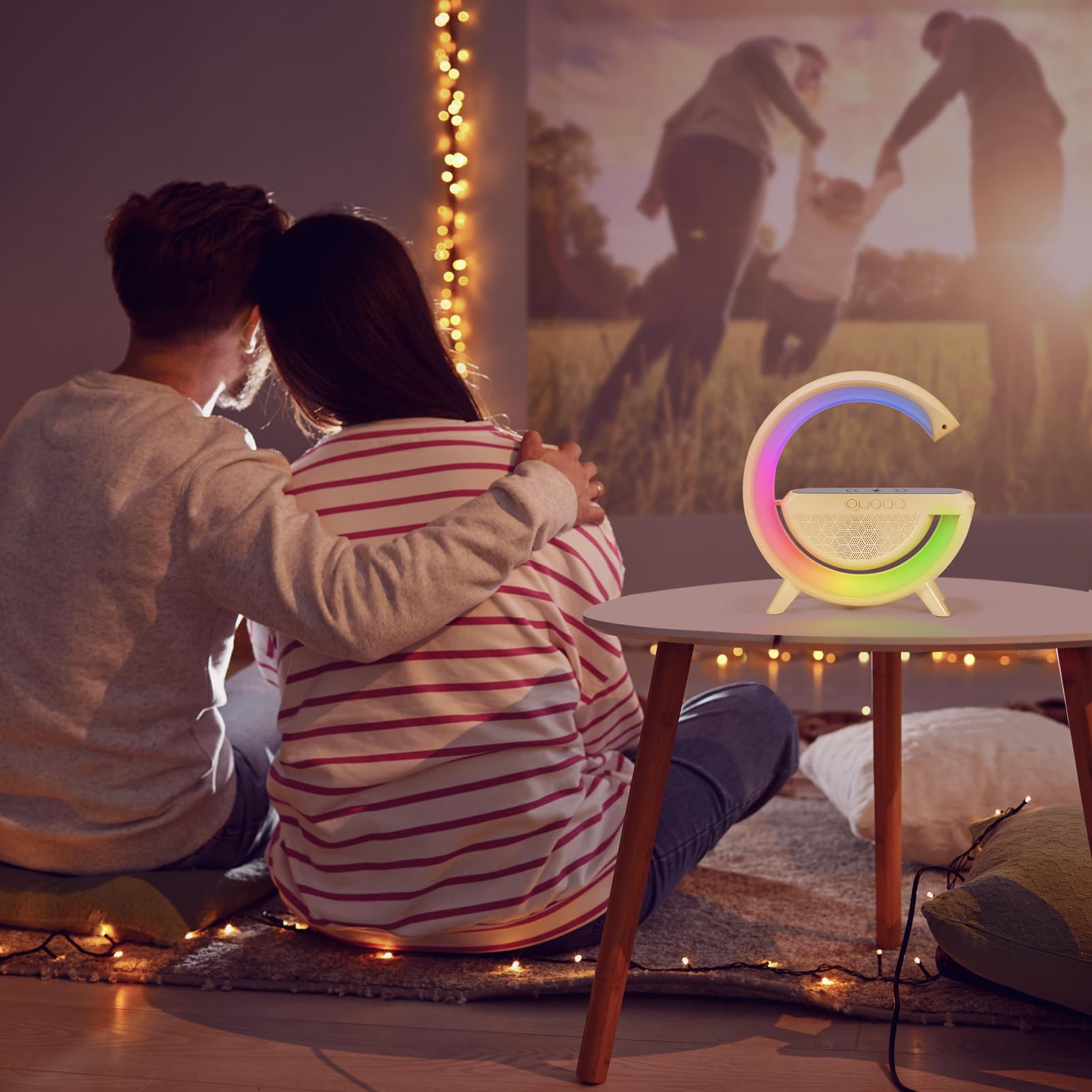Delxo Bluetooth Speaker with Wireless Phone Charger & LED Night Lights - Big G Shape Portable Speaker for Teens & Adults, Perfect for Bedroom, Party, and Outdoor Use - White