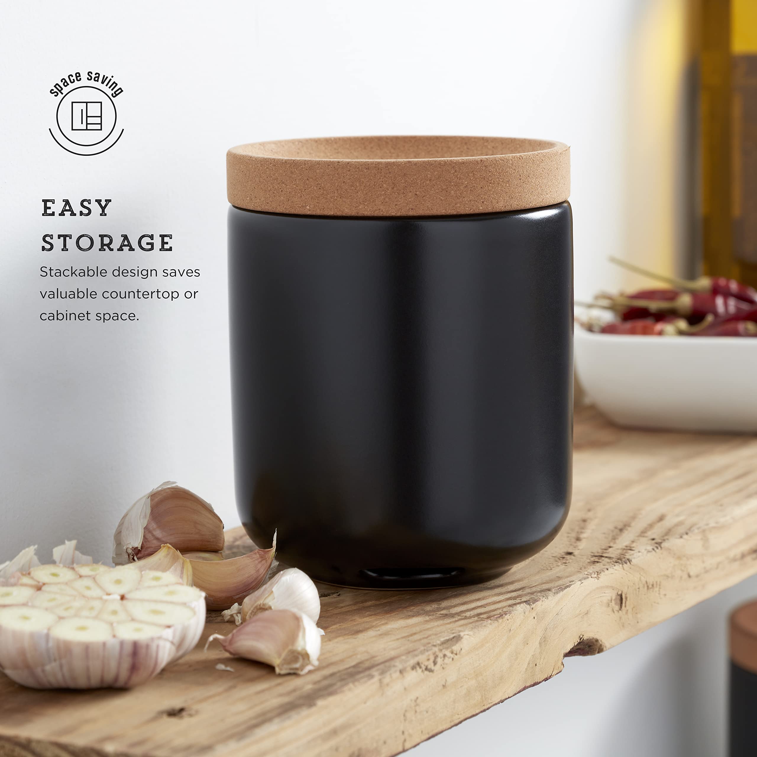 Ceramic & Cork Breathable Garlic Keeper - Stackable Space Saving Design with Natural Cork Lid & Black Ceramic - Perfect for Kitchen Storage, Pantry Organization & Keeping Garlic Fresh Longer