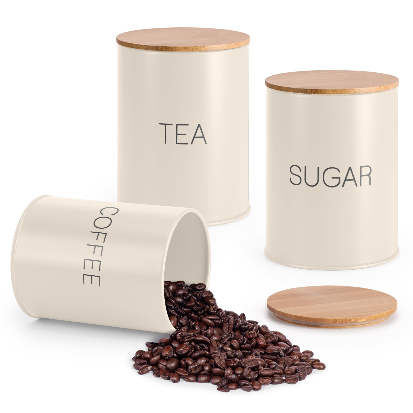 Premium Airtight Tea Sugar Coffee Canisters Set of 3 - Food Storage Containers with Lids - Kitchen Organization for Coffee, Tea, Sugar & Dry Goods - Perfect for Pantry, Office & Home Use