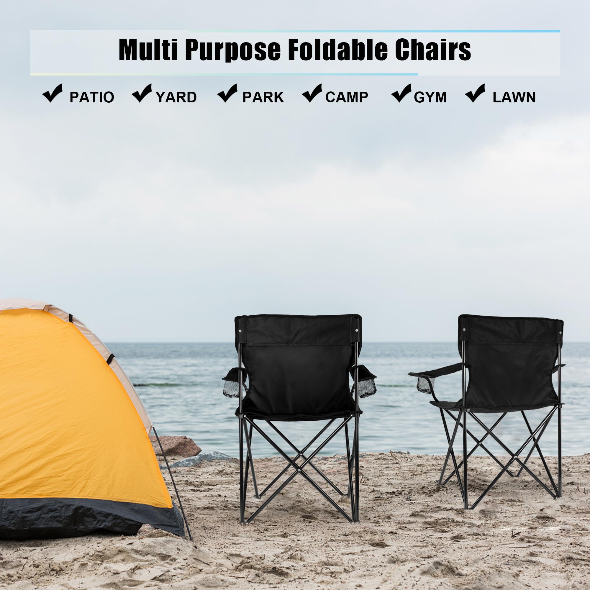 HaSteeL 2-Pack Foldable Camping Chairs for Adults - Heavy Duty 275lbs Capacity Portable Folding Lawn Chairs with Storage Bags - Perfect for Outdoor Camping, Fishing, Hiking, Beach, Picnic & Travel (Black)