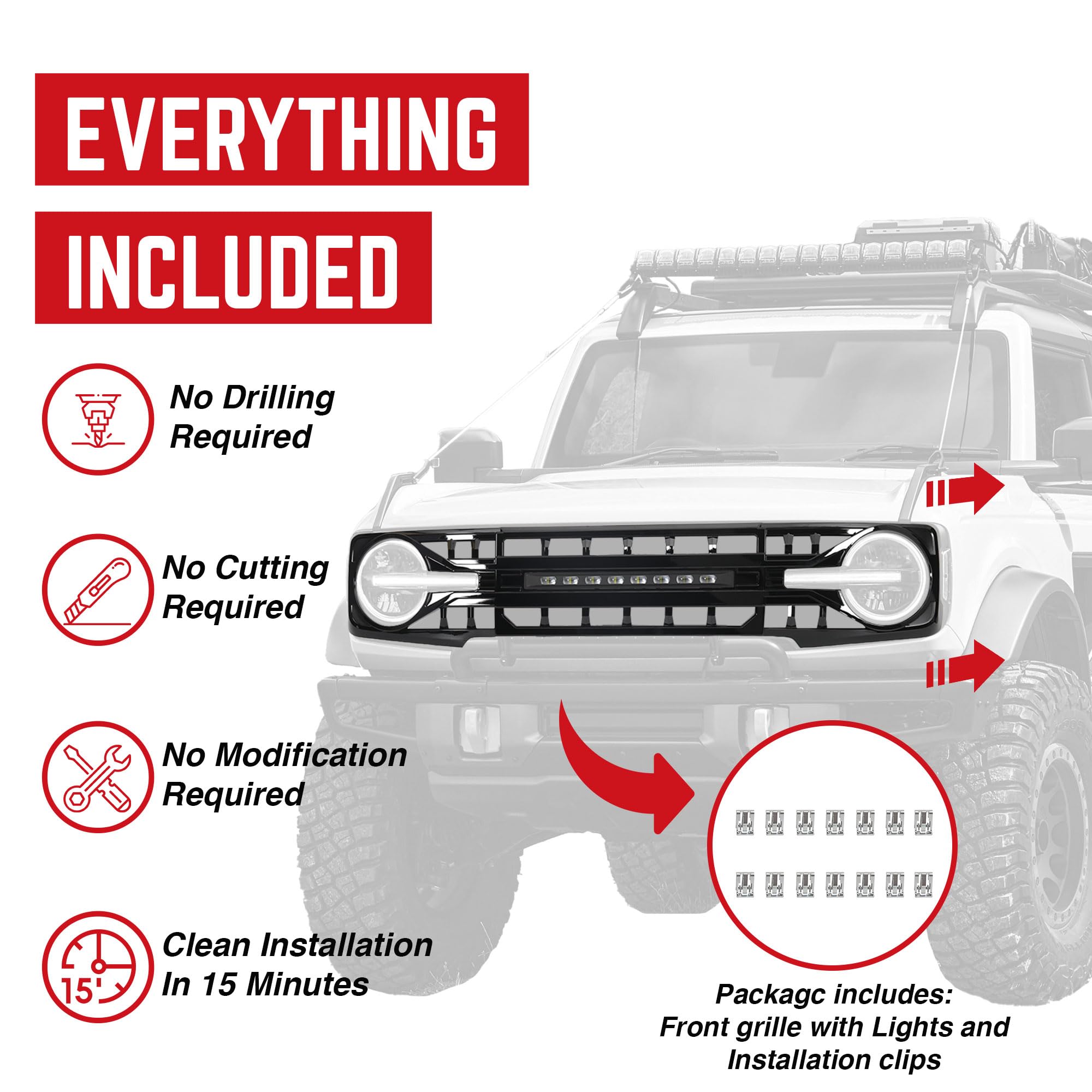 2021-2023 Ford Bronco Front Bumper Grille | Matte Black Off-Road Replacement Grill with LED Lights | Perfect for Trail Riding & Off-Road Adventures