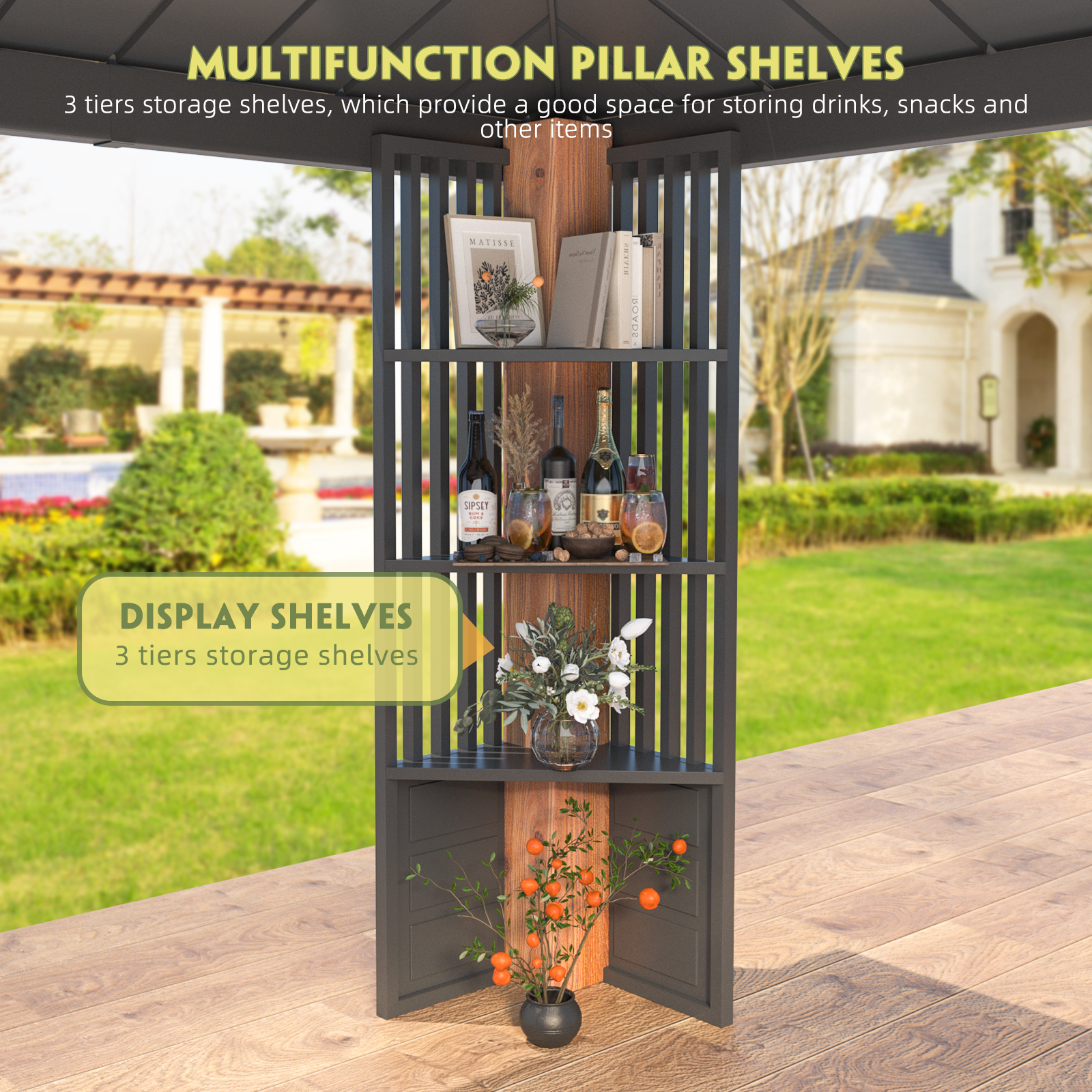 12' x 14' Hardtop Gazebo - Galvanized Steel Roof & Wood Grain Aluminum Frame - Permanent Metal Pavilion with 3-Tier Storage Shelves - Perfect for Backyard, Patio, and Outdoor Entertaining