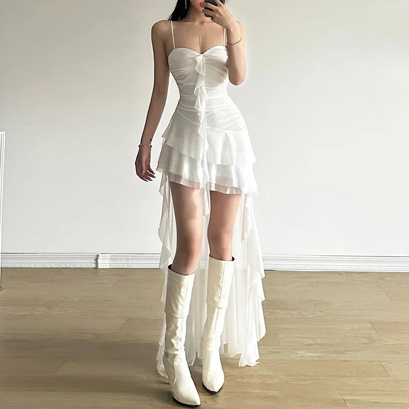 Y2K Sexy Mesh Ruffle Asymmetrical High-Low Dress - Sleeveless Long Summer Dress for Women in White & Black | Trendy Clubwear, Party Outfit & Festival Fashion 2024