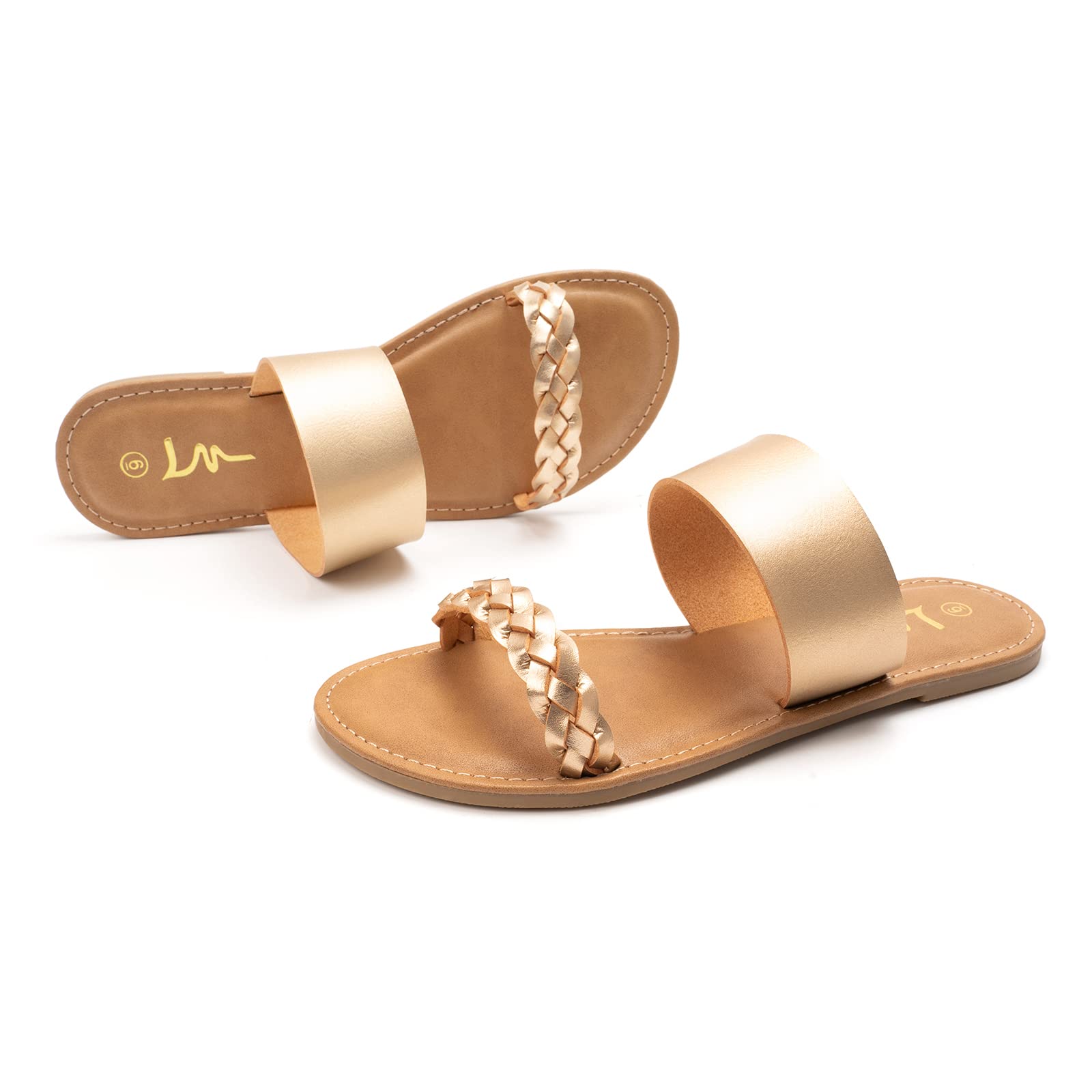 LM Women's Braided Slide Sandals - Open Toe Two Strap Flat Summer Sandals for Casual Wear | Beach, Pool, Vacation & Everyday Comfort
