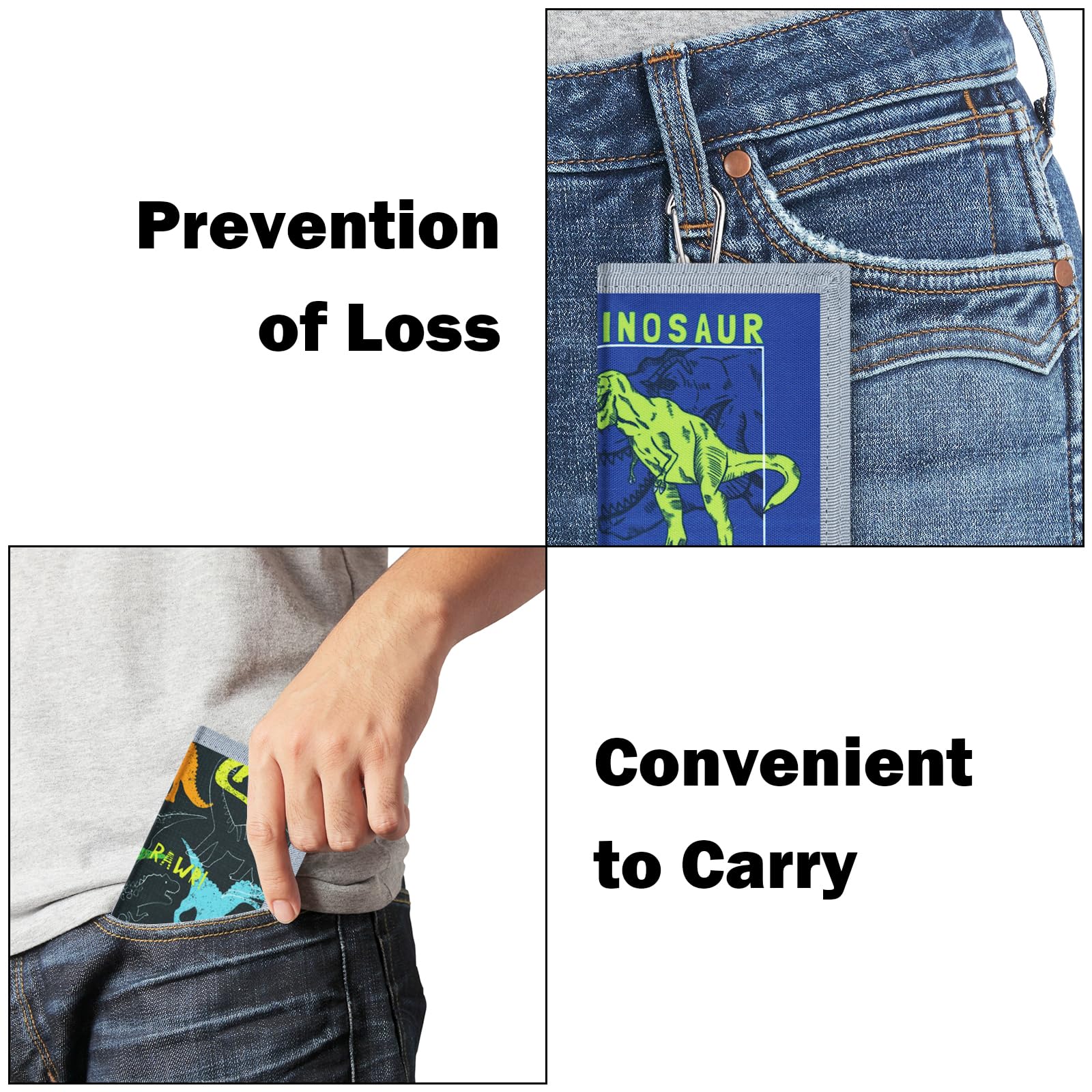 3 Packs Kids RFID Blocking Wallet - Dinosaur Cartoon Trifold Coin Purse with Zipper & Magic Sticker, Front Pocket Wallet for Boys Girls, Canvas Mini Wallets for School, Travel & Outdoor Sports