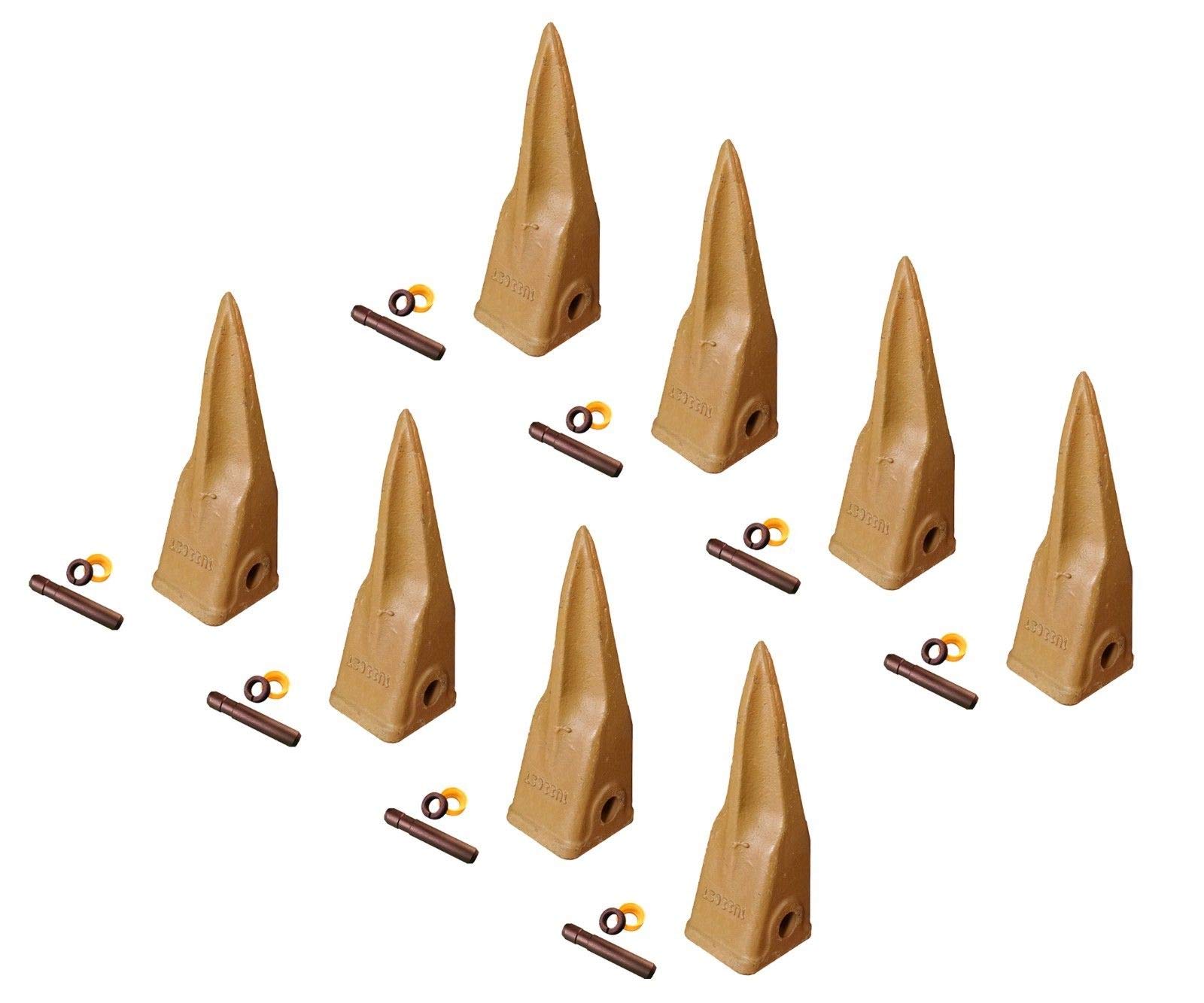 J300 Style Tiger Bucket Rock Teeth with Pins - 8 Pack - Compatible with Caterpillar 1U-3302TL, 168-1300, 9W-8309 - Heavy Duty Excavator Teeth for Mining, Construction, and Landscaping