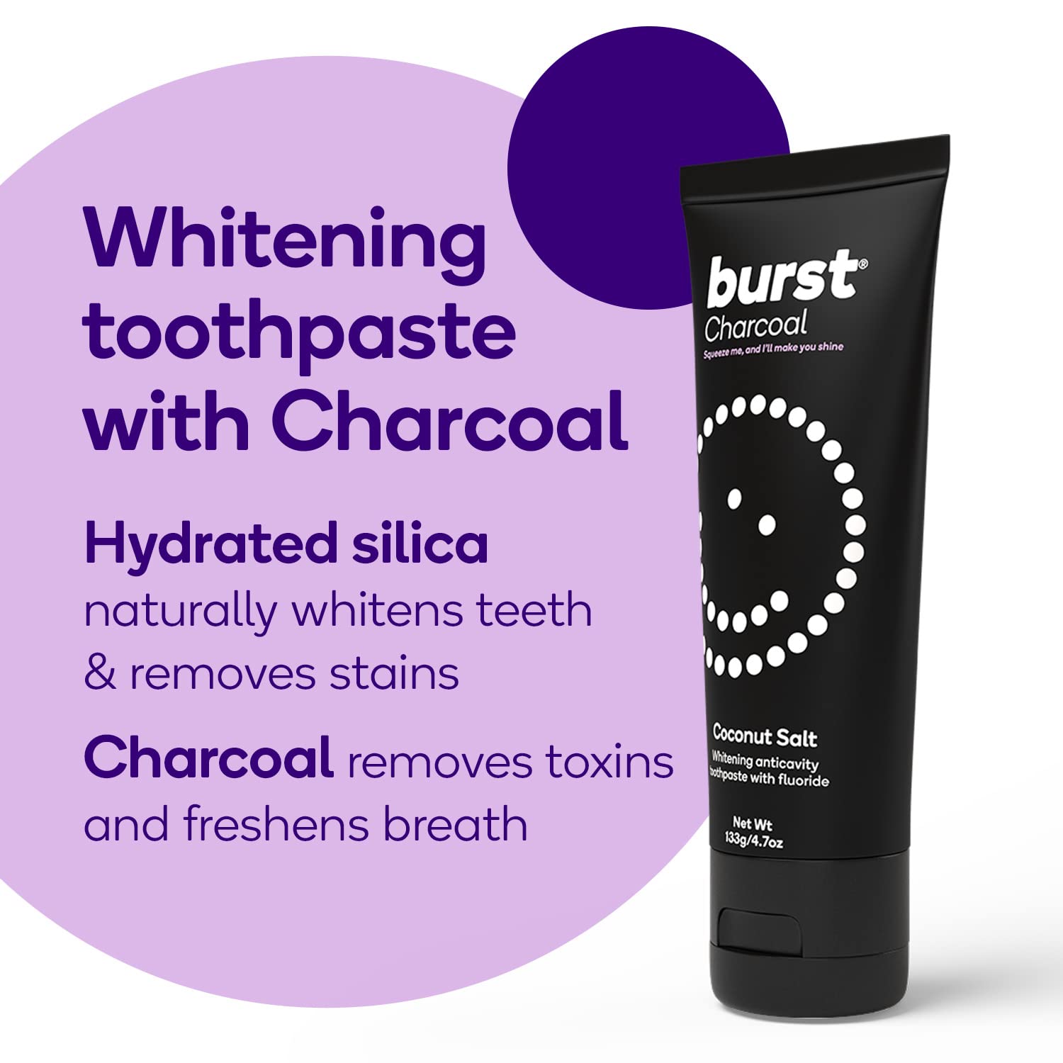 BURST Charcoal Whitening Toothpaste for Adults - Sensitive Teeth, Fluoride & Xylitol for Cavity Protection (4.7oz, 2 Pack) | Vegan, Gluten-Free, SLS-Free | Coconut Salt Flavor | Perfect for Daily Oral Care & Teeth Whitening at Home