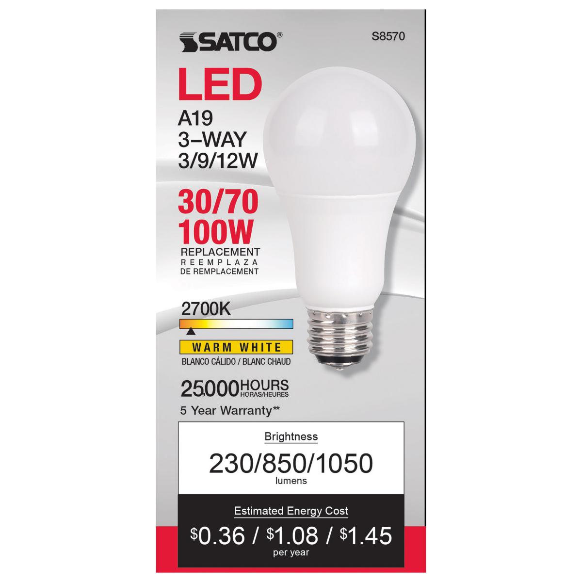 3 Way A19 LED Light Bulb - 3W/9W/12W, 1050 Lumens, 2700K Warm White, E26 Medium Base, Frosted Finish - Perfect for Table Lamps, Floor Lamps & Ceiling Fixtures