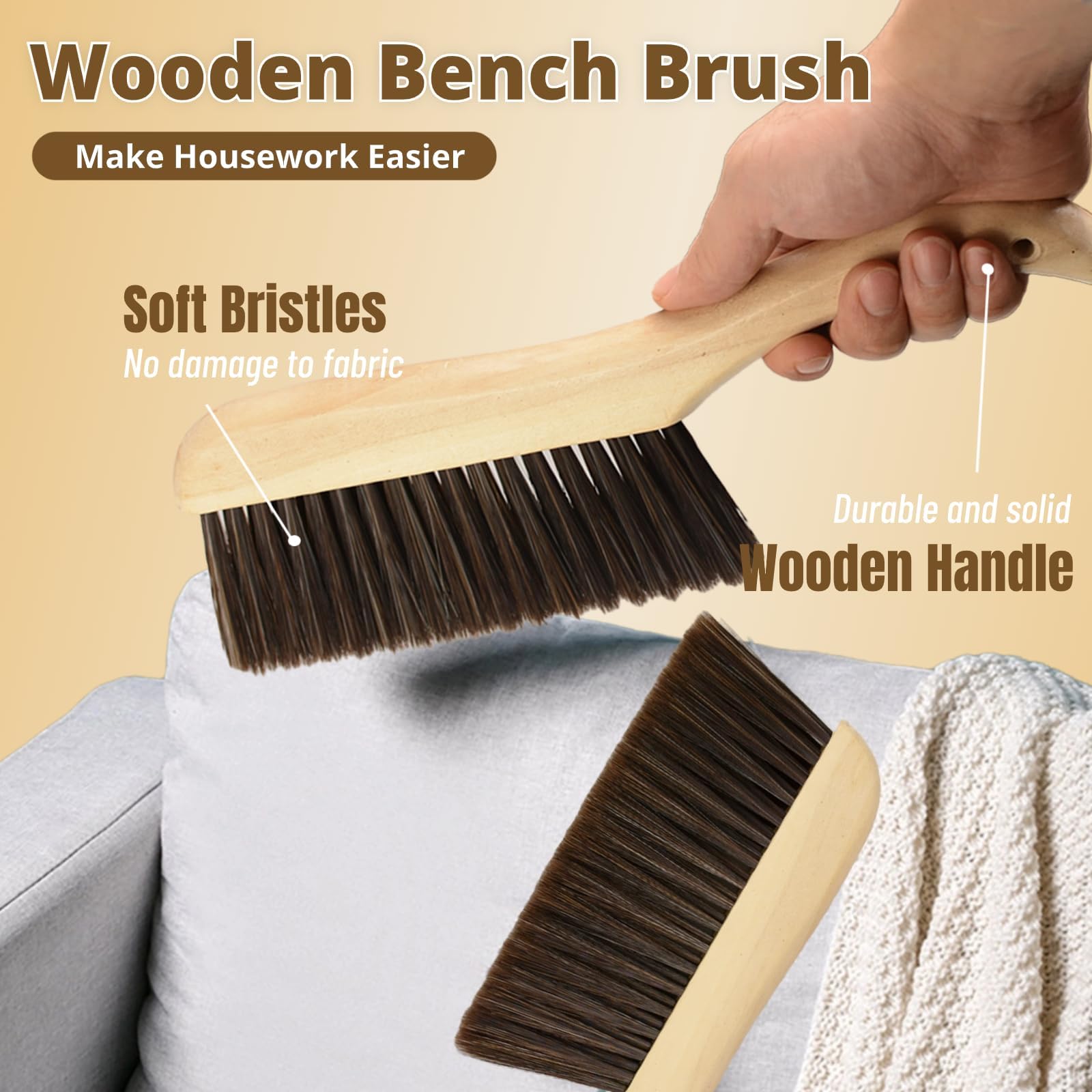 2 Pack Wooden Hand Broom and Dust Brush Set - Natural Wood Handle with Soft Bristles for Gentle Cleaning | Perfect for Countertops, Beds, Sofas, Cars, Fireplaces & Clothes | Eco-Friendly Household Cleaning Brush (Brown)