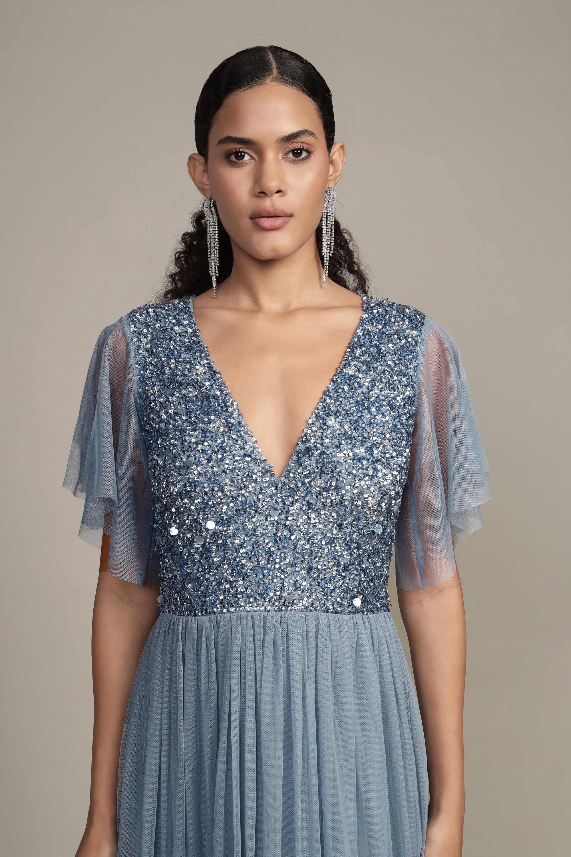 Elegant Maddie Embellished Midi Dress in Dusty Blue - Perfect for Weddings, Parties & Special Occasions