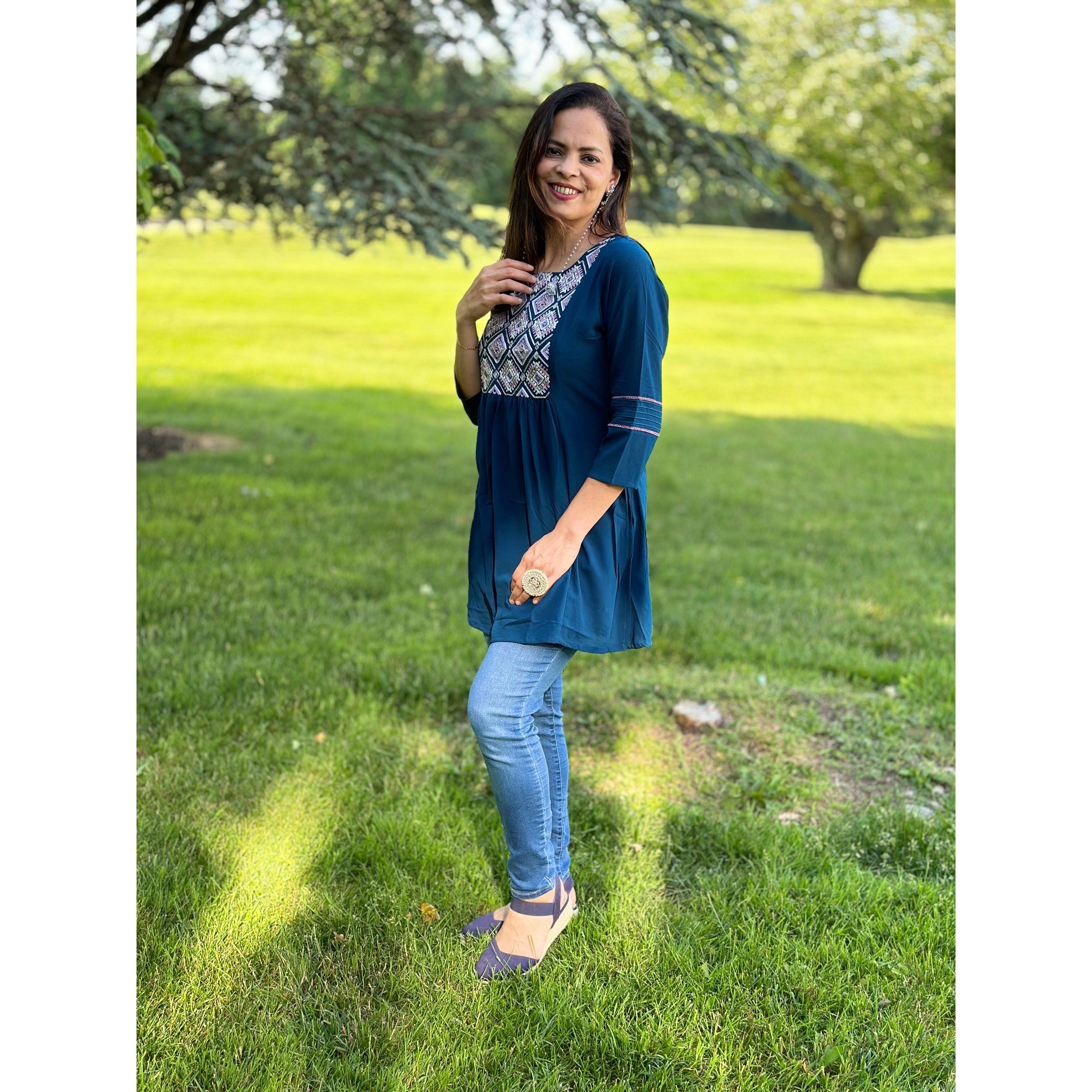 Stylish Blue Short Kurti with Elegant Embroidered Yolk - Perfect for Casual Wear, Festivals & Boho Fashion