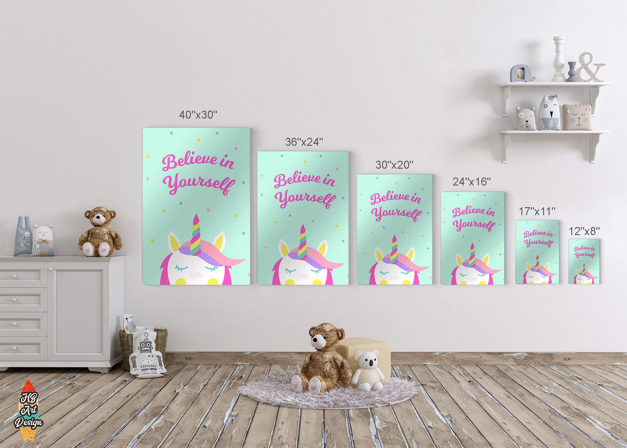 HB Art Design Beautiful Unicorn Motivational Wall Art - 4 Panel Metal Print Set for Nursery, Baby Girl & Boy Room, Kids Bedroom Decor - Ready to Hang, 100% Handmade in USA (12x8 Inches x4) - Perfect for Birthday Gifts, Baby Showers & Nursery Theming
