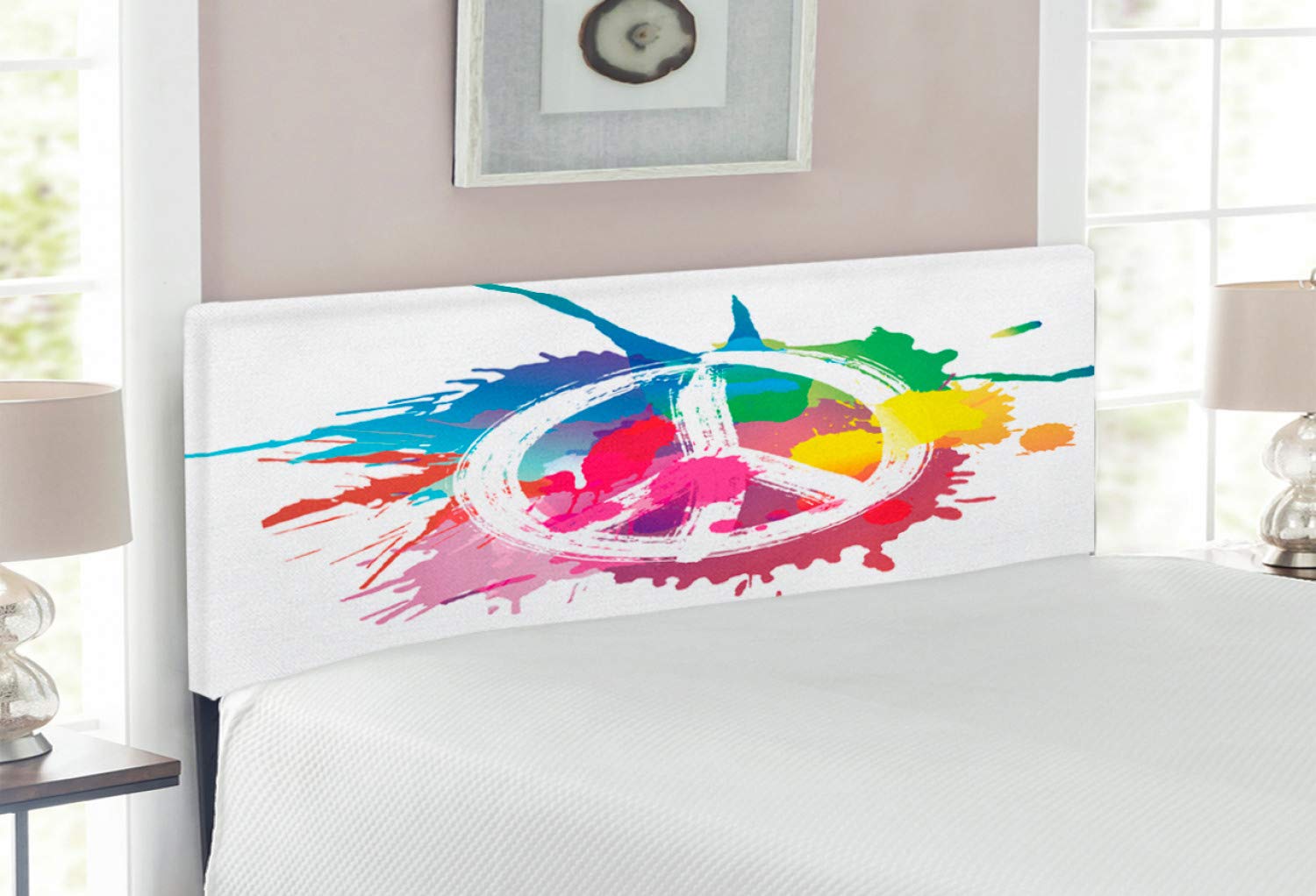 Ambesonne Groovy Upholstered Headboard with Memory Foam - Full Size Colorful Peace Logo Design in Grunge Style | Decorative Metal Bed Headboard for Bohemian & Modern Bedrooms
