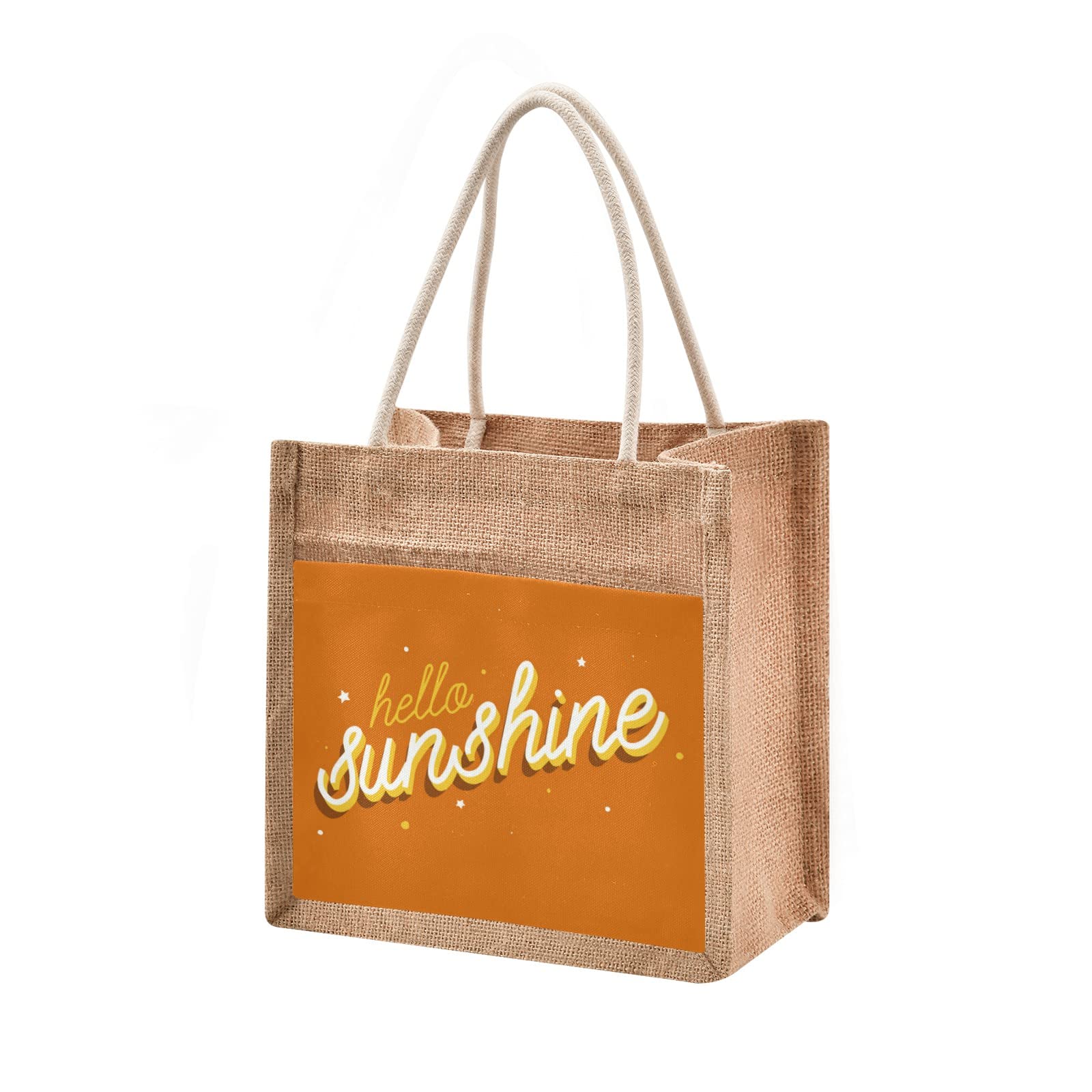 Linqin Hello Sunshine Orange Jute Tote Bag - Waterproof Burlap Straw Grocery Bag with Sturdy Handles for Shopping, Travel & Beach - Perfect for Farmers Market, Picnics and Summer Outings
