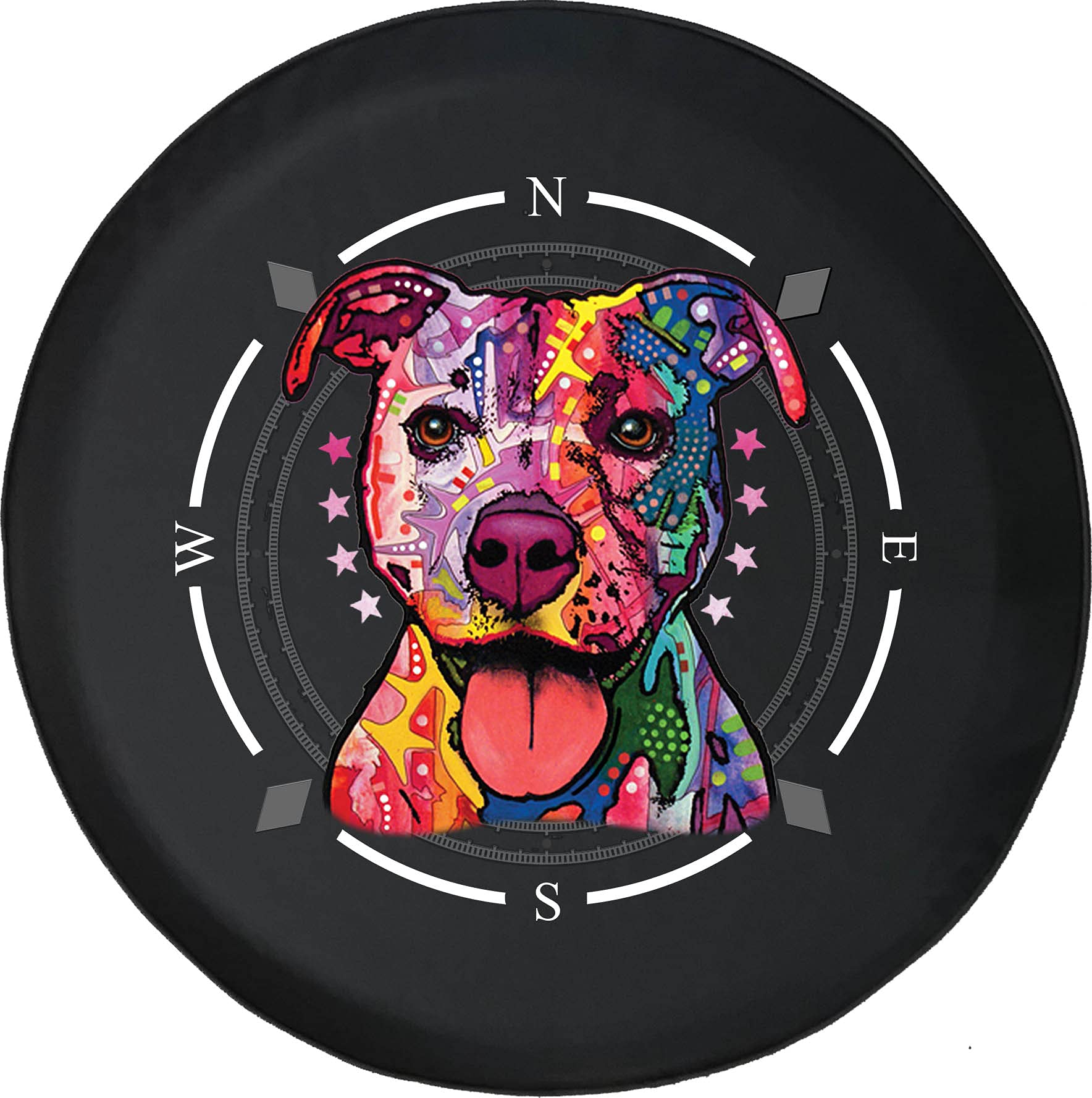 American Unlimited Spare Tire Cover with Compass & Neon Pitbull Design - Cute Dog Wheel Covers for SUV, Trailer, RV Accessories | Fits Most Vehicles | Perfect for Road Trips & Outdoor Adventures