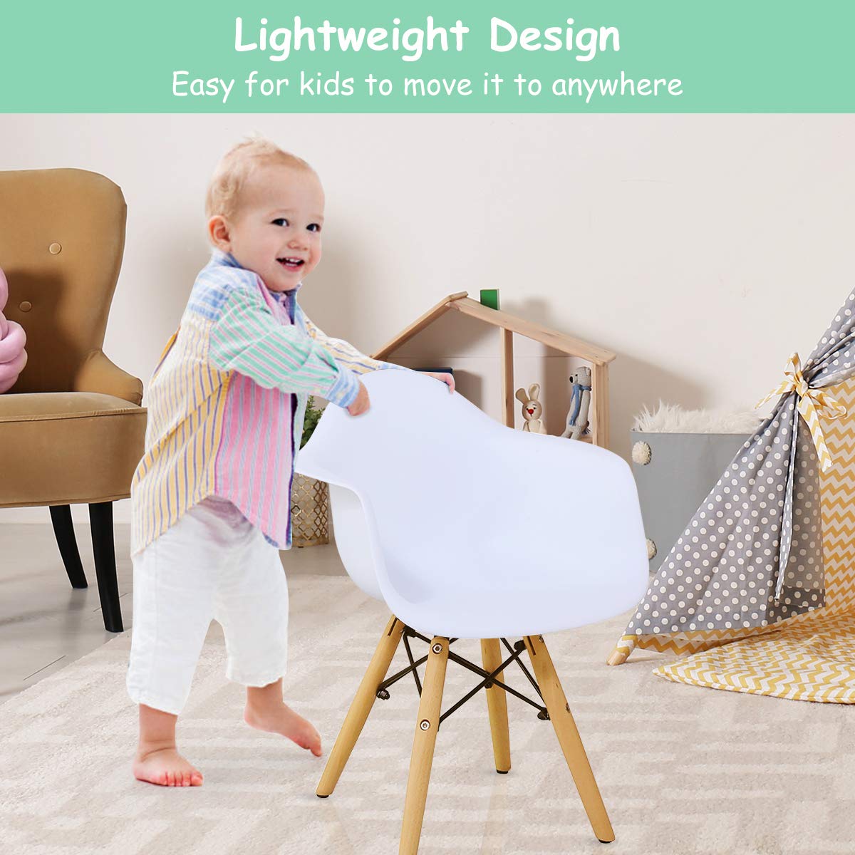 Costzon Mid-Century Modern Kids Table and Chair Set - Round Toddler Dining Table with 4 Armchairs, White Children's Furniture for Playroom, Classroom & Home Learning Activities