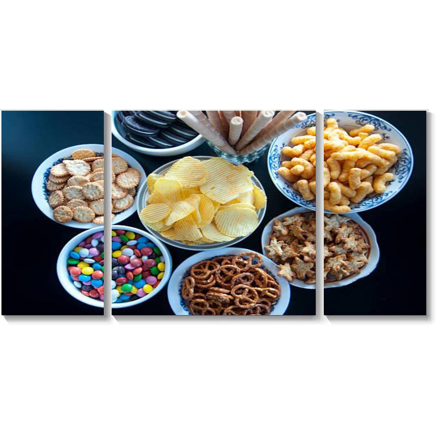 3 Panel Canvas Wall Art - Salty Snacks Framed Print Painting for Living Room & Bedroom Decor | Ready to Hang | Perfect for Kitchen, Diner & Snack Bar Wall Decor