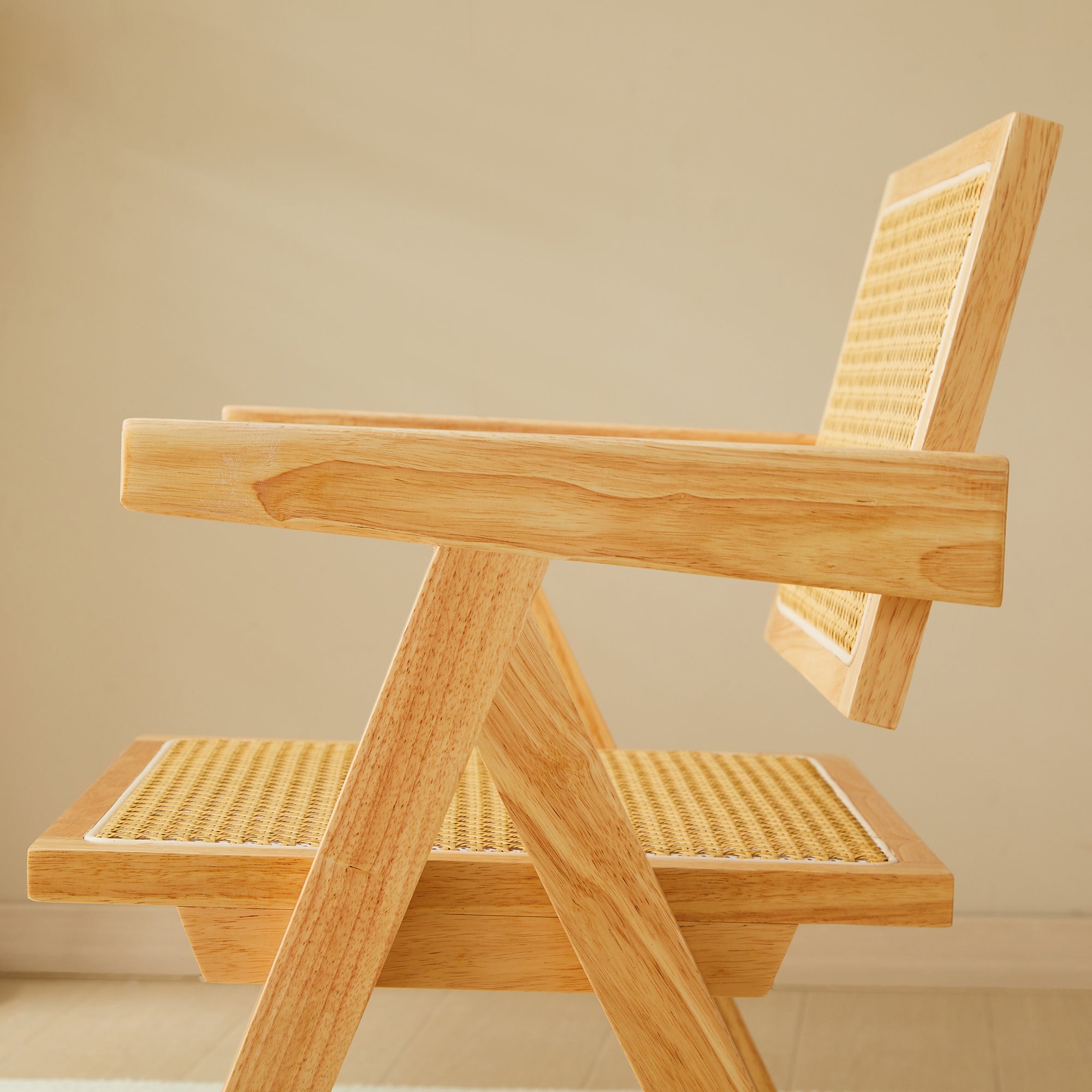 Solid Wood Dining Chairs with Armrests - Natural Rubber Wood & Rattan Woven Design for Kitchen, Dining Room, or Outdoor Patio