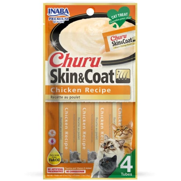 Inaba Churu Skin & Coat Chicken Recipe Creamy Purée Cat Treat - Grain-Free, High Protein, Healthy Cat Snacks for Hydration & Hairball Control - Perfect for Training, Bonding & Picky Eaters