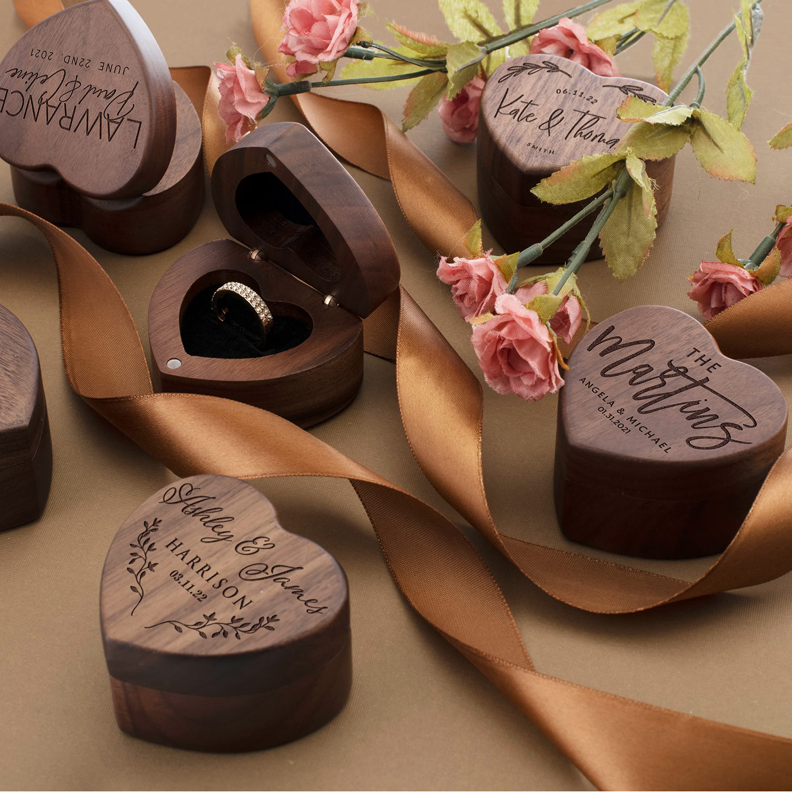 Personalized Wooden Ring Box - Custom Hexagon Ring Bearer Box for Wedding & Engagement - Engraved with Names & Family - 8 Unique Designs - Perfect for Proposals, Ceremonies & Keepsakes - Romantic Gift for Couples