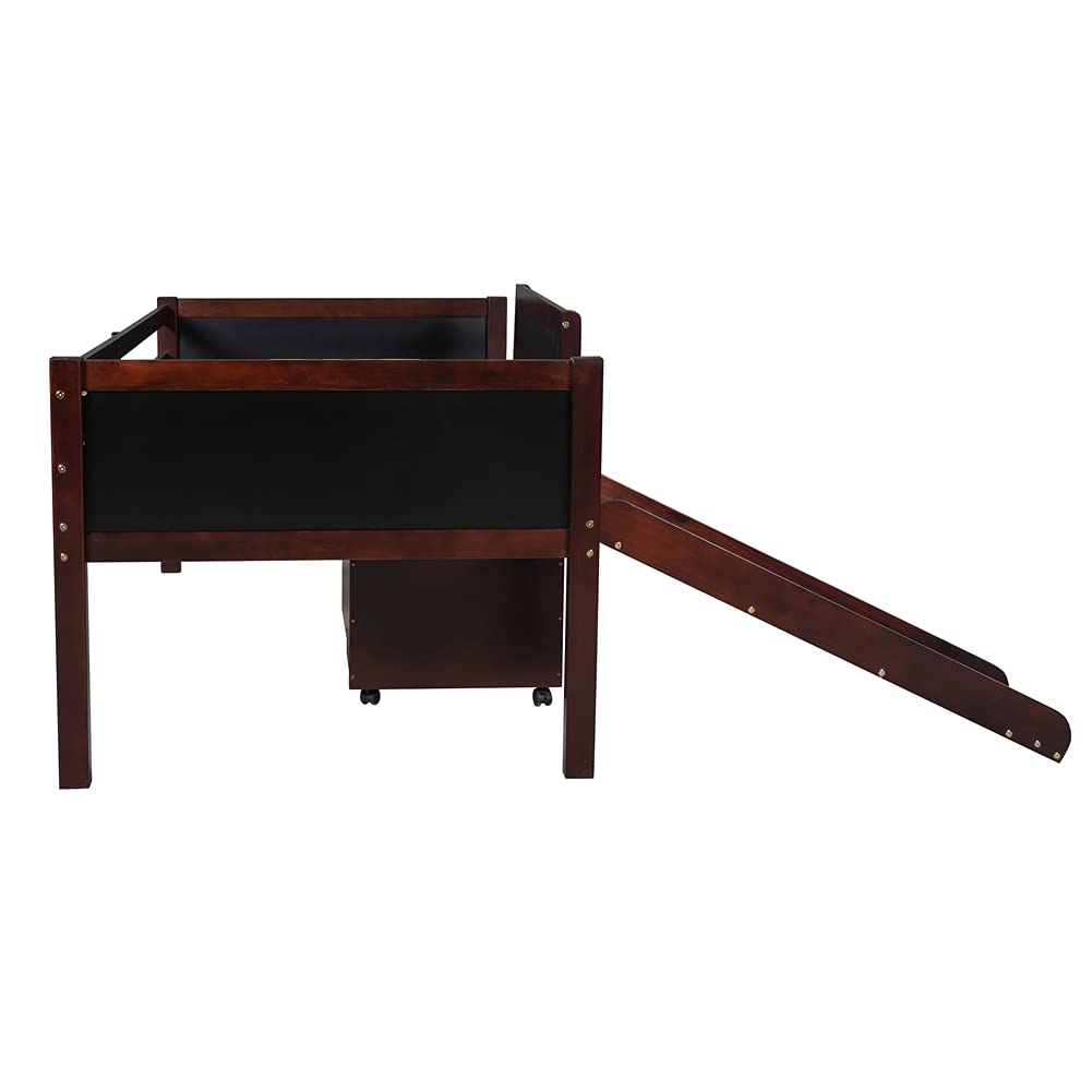 Pinewood Low Loft Twin Bed with Slide, Chalkboard & Climbing Frame - Kids & Teens Fun Furniture with Guardrails & Under-Bed Storage (Espresso) - Perfect for Small Bedrooms, Playrooms & Dorm Rooms