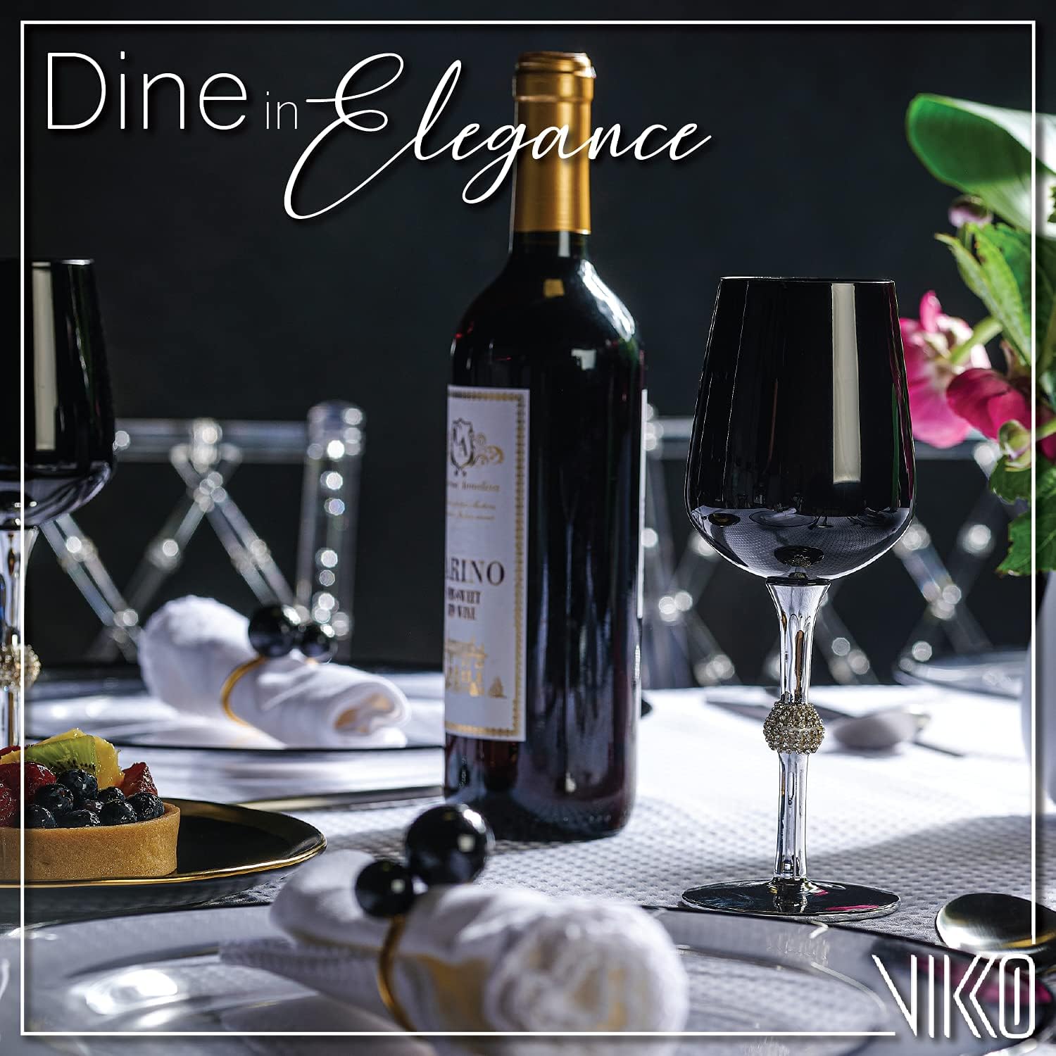 Elegant Black and Silver Wine Glasses Set of 12 - 14.2 oz Crystal Clear Cups with Diamante Accents - Dishwasher Safe - Perfect for Parties, Weddings, and Home Decor (9.2