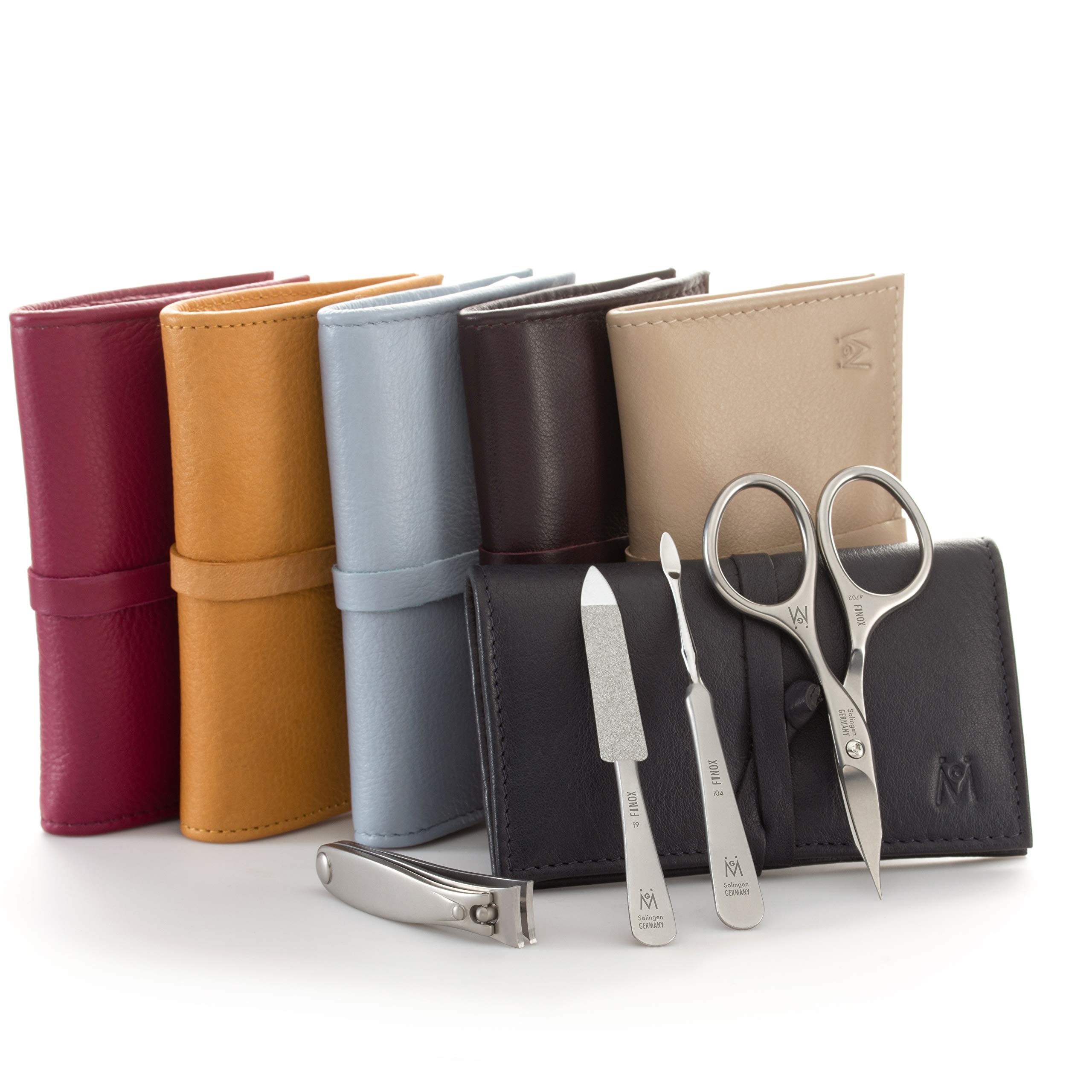 GERMANIKURE 4-Piece Professional Manicure Set in Magenta Leather Case - Solingen Germany Made, FINOX Stainless Steel Nail Tools - Compact Grooming Kit for Home & Travel - Perfect Gift for Nail Care Enthusiasts