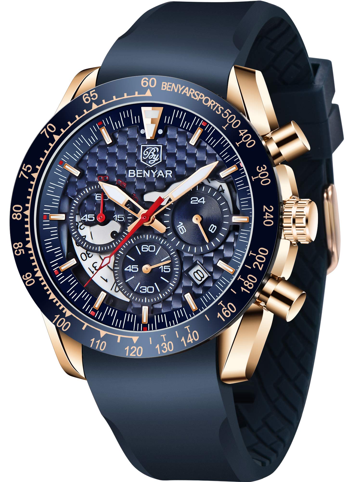 BENYAR Men's Quartz Chronograph Waterproof Watch - Business Casual & Sport Silicone Wristwatch for Men - Father & Son Matching Watch - Black, Blue, Rose Gold - Perfect for Office, Daily Wear & Outdoor Activities