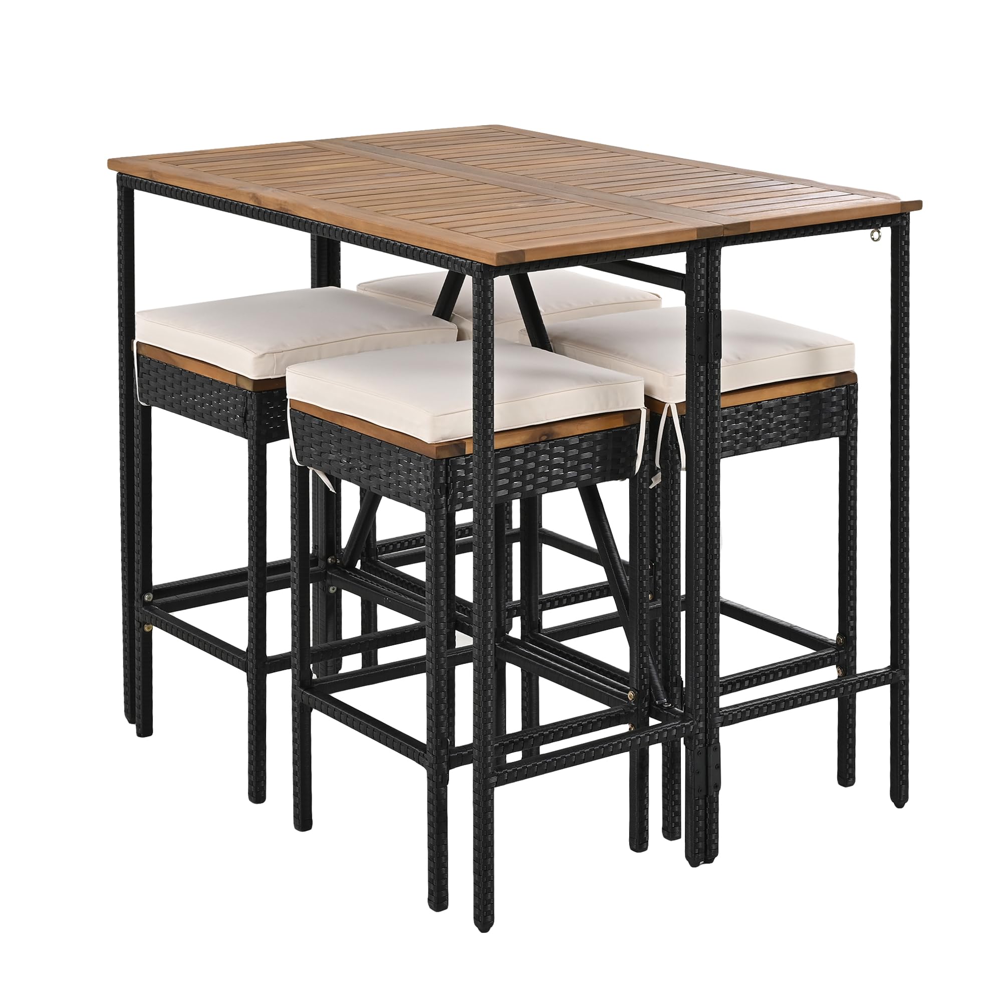 Quarte Modern 5-Piece Outdoor Patio Dining Set - PE Rattan Wicker Bar Set with 4 Square Stools & Acacia Wood Foldable Tabletop - High-Dining Bistro Set for Garden, Backyard, Balcony & Poolside Entertaining