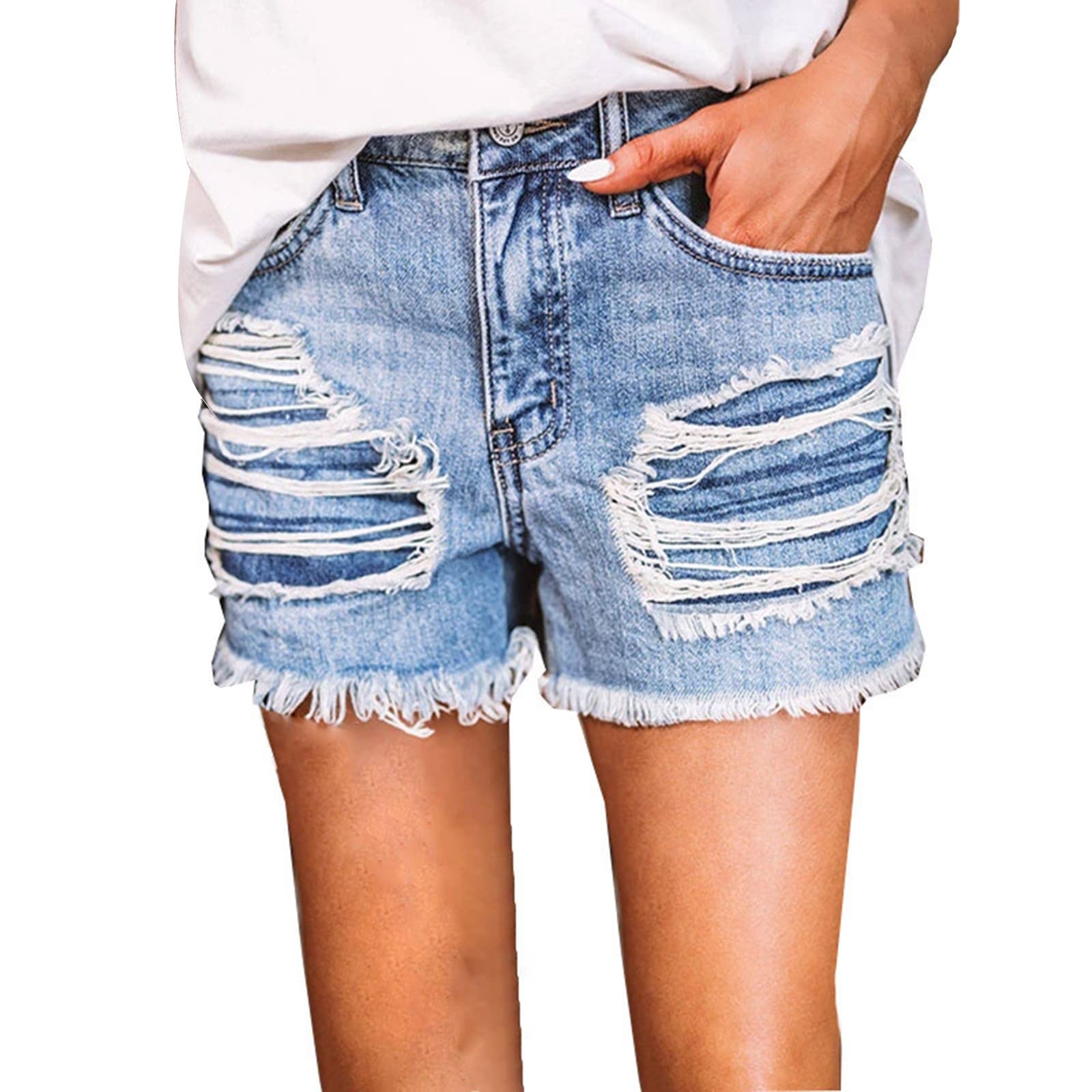 Women's High Waisted Patchwork Denim Shorts - Stretch Ripped Hot Pants with Frayed Hem | Perfect for Summer Outfits, Beach Vacations & Casual Street Style